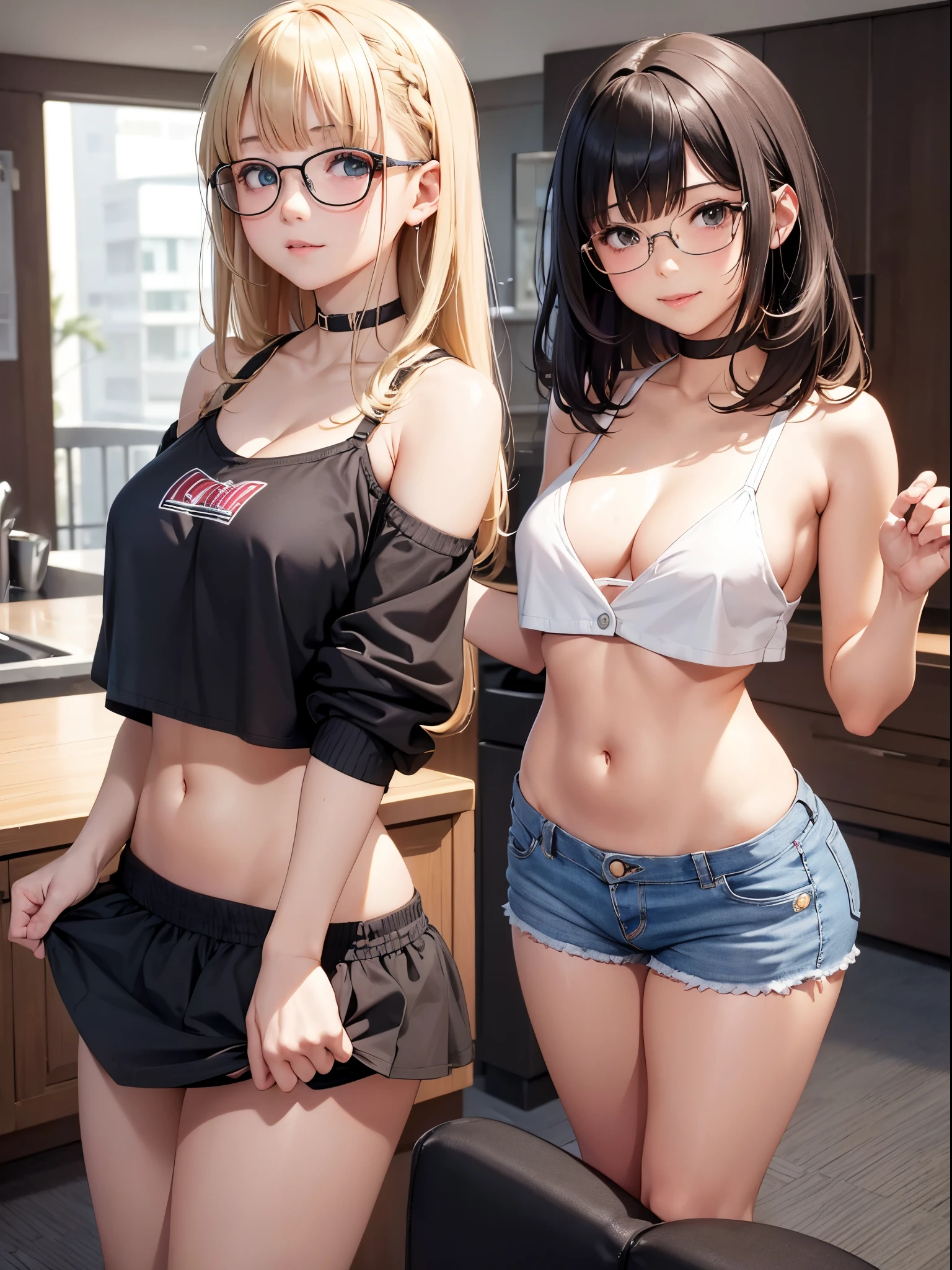 1 girl, bangs, body, 14 year old girl, crop top, blonde hairstyles, cleavage, mouth, round breasts, ass facing viewer, back on screen, smiling, tight, Ultra -HD | |, 4k image, glasses, character near the camera, taking off his own panties with his hands, undressing pose