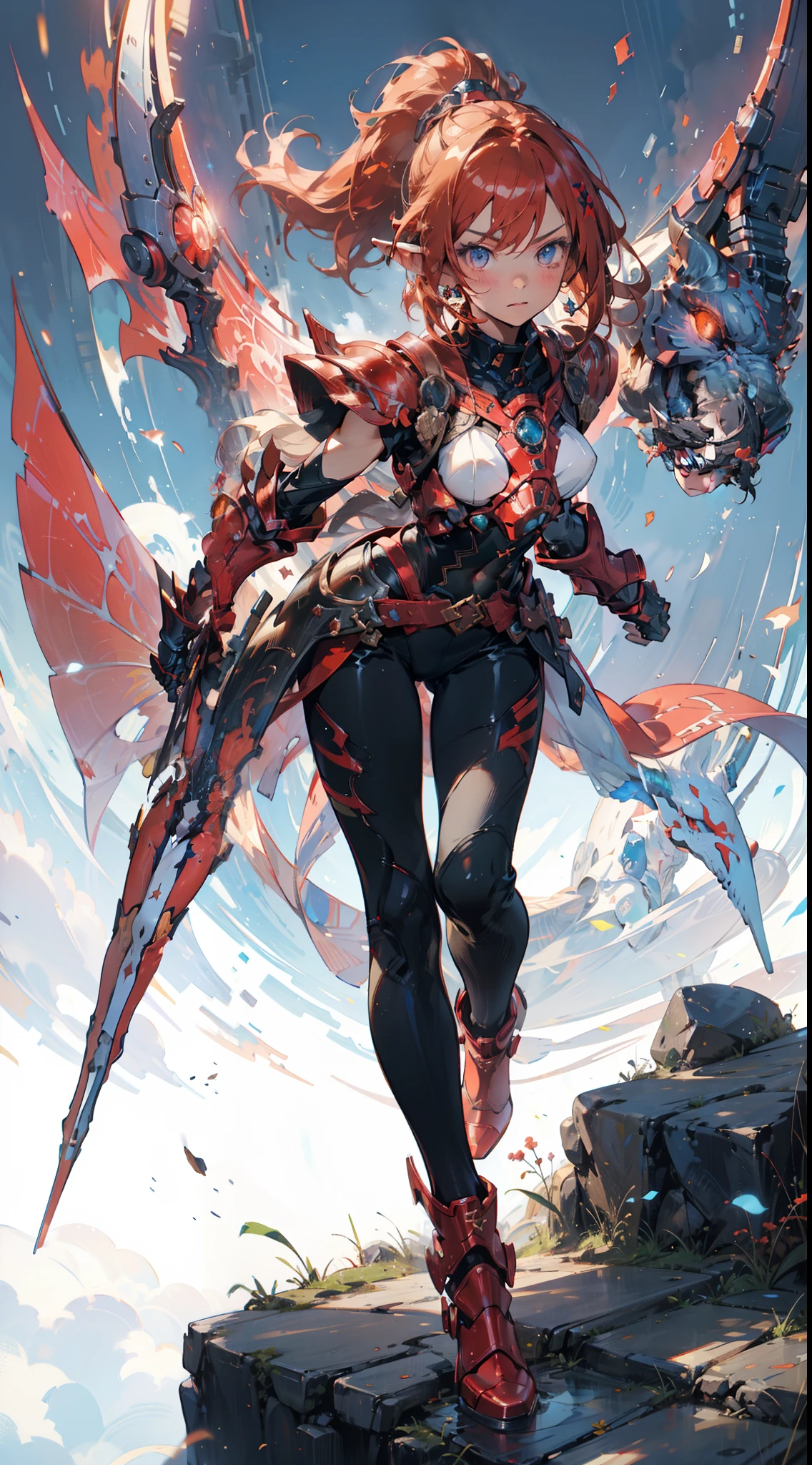 (((masterpiece, best quality))),  (elf), (1girl), solo,  sidelock,  short ponytail，Red hair, (beautiful detailed face:1.2), ((Dragoon X white armor))，(big breast),  long black glovelack pantyhoses，Handsome standing with white boots, art style by Artgerm, by Kawacy, By Yusuke Murata