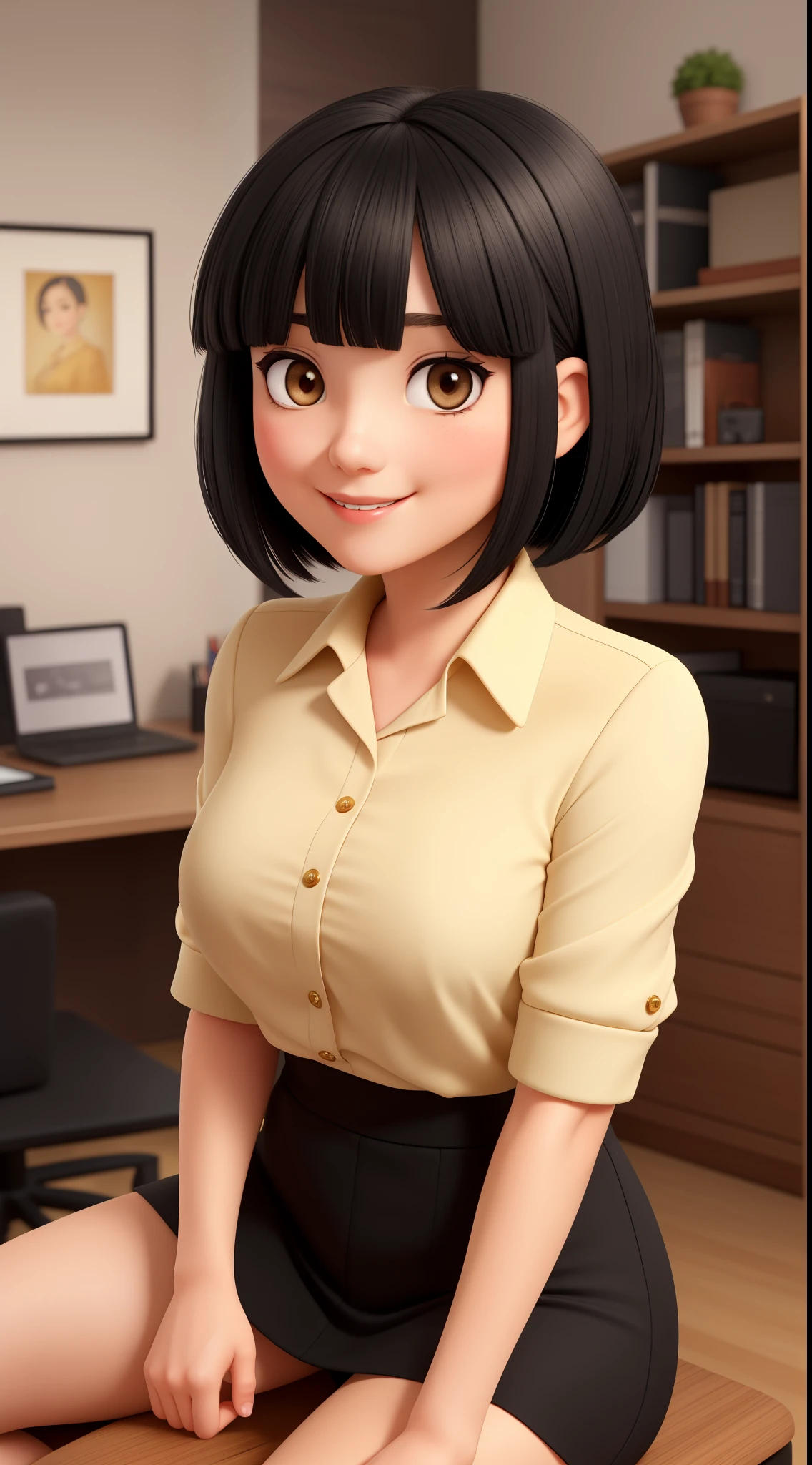 A 30-year-old woman with short black hair, bangs, round face, round face with a charming smile, and straight. dark eyes, straight look and face. She's sitting behind the desk. She's wearing a gold blouse.