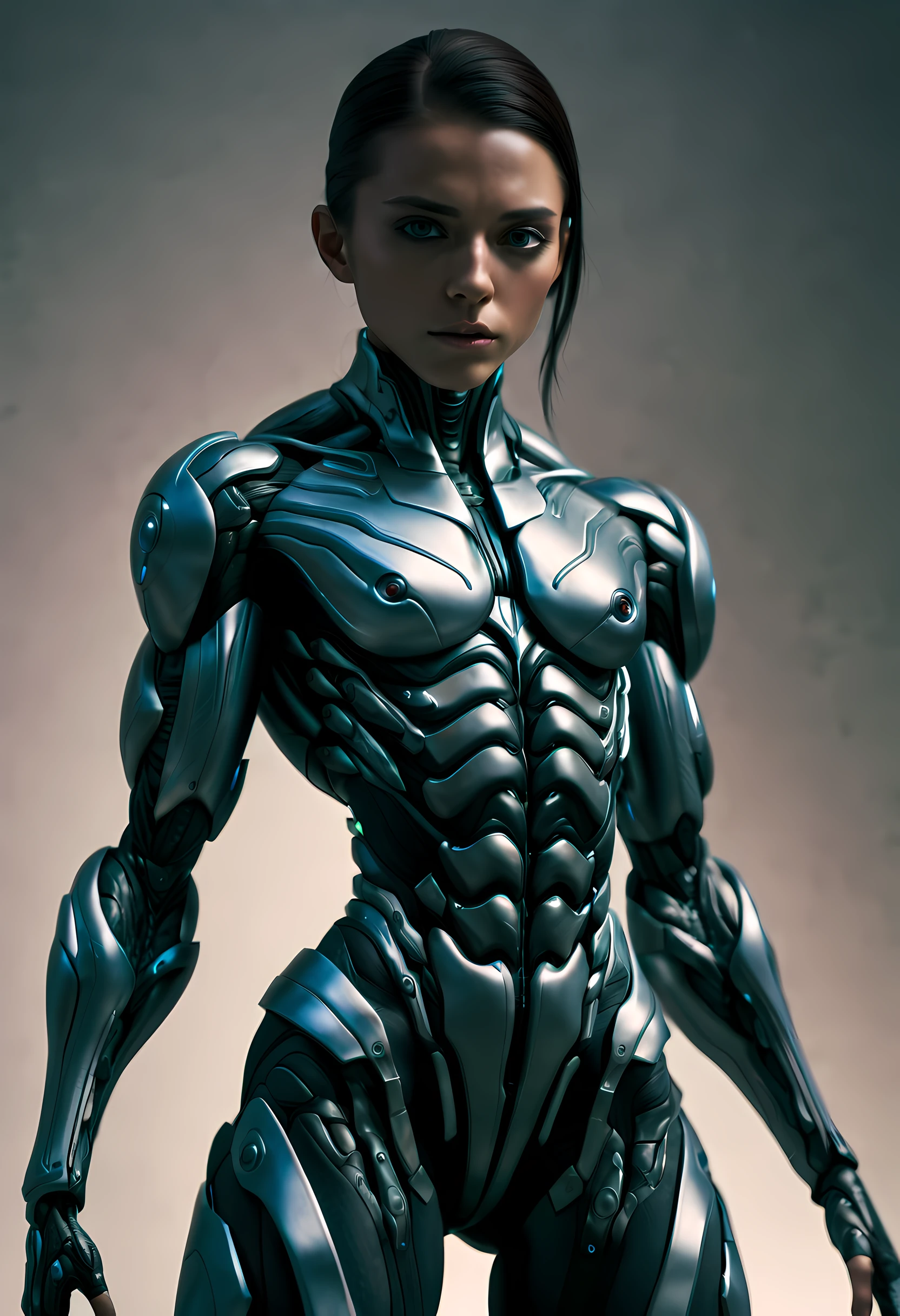 (1girl:1.5), Cinematic, hyper-detailed, and insanely detailed, this artwork captures the essence of a hairless muscular female android girl. Beautiful color grading, enhancing the overall cinematic feel. Unreal Engine brings her anatomic cybernetic muscle suit to life, appearing even more mesmerizing. With the use of depth of field (DOF), every detail is focused and accentuated, drawing attention to her eyes and the intricate design of the anatomic cybernetic muscle suit . The image resolution is at its peak, utilizing super-resolution technology to ensure every pixel is perfect. Cinematic lighting enhances her aura, while anti-aliasing techniques like FXAA and TXAA keep the edges smooth and clean. Adding realism to the anatomic cybernetic muscle suit, RTX technology enables ray tracing. Additionally, SSAO (Screen Space Ambient Occlusion) gives depth and realism to the scene, the girl's anatomic cybernetic muscle suit become even more convincing. In the post-processing and post-production stages, tone mapping enhances the colors, creating a captivating visual experience. The integration of CGI (Computer-Generated Imagery) and VFX (Visual Effect brings out the anatomic cybernetic muscle suit's intricate features in a seamless manner. SFX (Sound Effects) complement the visual artistry, immersing the viewer further into this fantastic world. The level of detail is awe-inspiring, with intricate elements meticulously crafted, the artwork hyper maximalist and hyper-realistic. Volumetric effects add depth and dimension, and the photorealism is unparalleled. The image is rendered in 8K resolution, ensuring super-detailed visuals. The volumetric lightning adds a touch of magic, highlighting her beauty and the aura of her anatomic cybernetic muscle suit in an otherworldly way. High Dynamic Range (HDR) technology makes the colors pop, adding richness to the overall composition. Ultimately, this artwork presents an unreal portrayal of a super muscled cybernetic female android