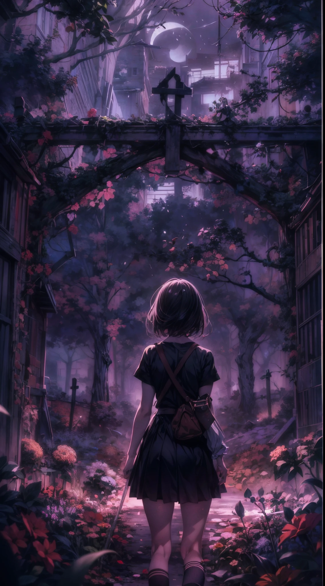 Create an image in the style of Kyle Thompson, featuring an anime-style girl character. She stands in an abandoned park filled with black roses, symbolizing death. The scene is illuminated by moonlight, which adds depth to the image. Use shallow focus to emphasize the girl and the immediate surroundings, while the background softly blurs. In the foreground, include the shadow of a cross, adding a dramatic and symbolic element to the scene. The contrast between the photorealistic Kyle Thompson style setting and the anime-style character should be striking, effectively synthesizing the differences in artistic mediums.