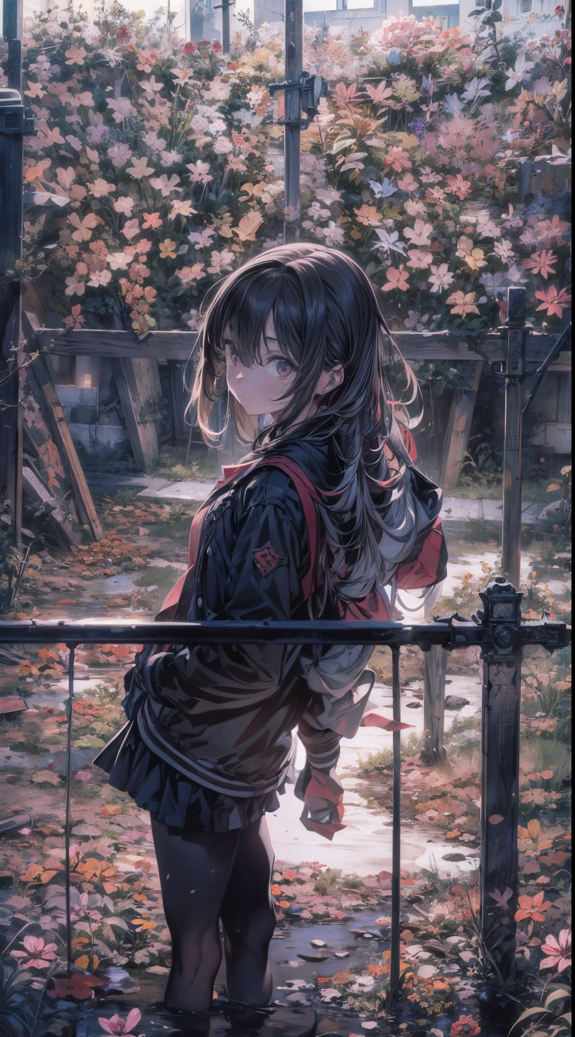 Create an image in the style of Kyle Thompson, featuring an anime-style girl character. She stands in an abandoned park filled with black roses, symbolizing death. The scene is illuminated by moonlight, which adds depth to the image. Use shallow focus to emphasize the girl and the immediate surroundings, while the background softly blurs. In the foreground, include the shadow of a cross, adding a dramatic and symbolic element to the scene. The contrast between the photorealistic Kyle Thompson style setting and the anime-style character should be striking, effectively synthesizing the differences in artistic mediums.