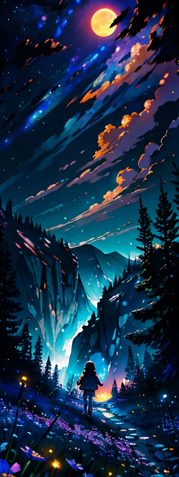 Expansive landscape photograph, (view from below with a view of the sky and the wilderness below), little girl standing in a flower field looking up, (full moon: 1.2), (shooting star: 0.9), (nebula: 1.3), distant mountain, tree break production art, (warm light source: 1.2), (firefly: 1.2), lamp, purple and orange, intricate detail, volume lighting BREAK (masterpiece: 1.2), (highest quality ), 4k, ultra-detailed, (dynamic configuration: 1.4), highly detailed and colorful details (iridescent: 1.2), (sparkling lighting, atmospheric lighting), dreamy, magical, (solo: 1.2)