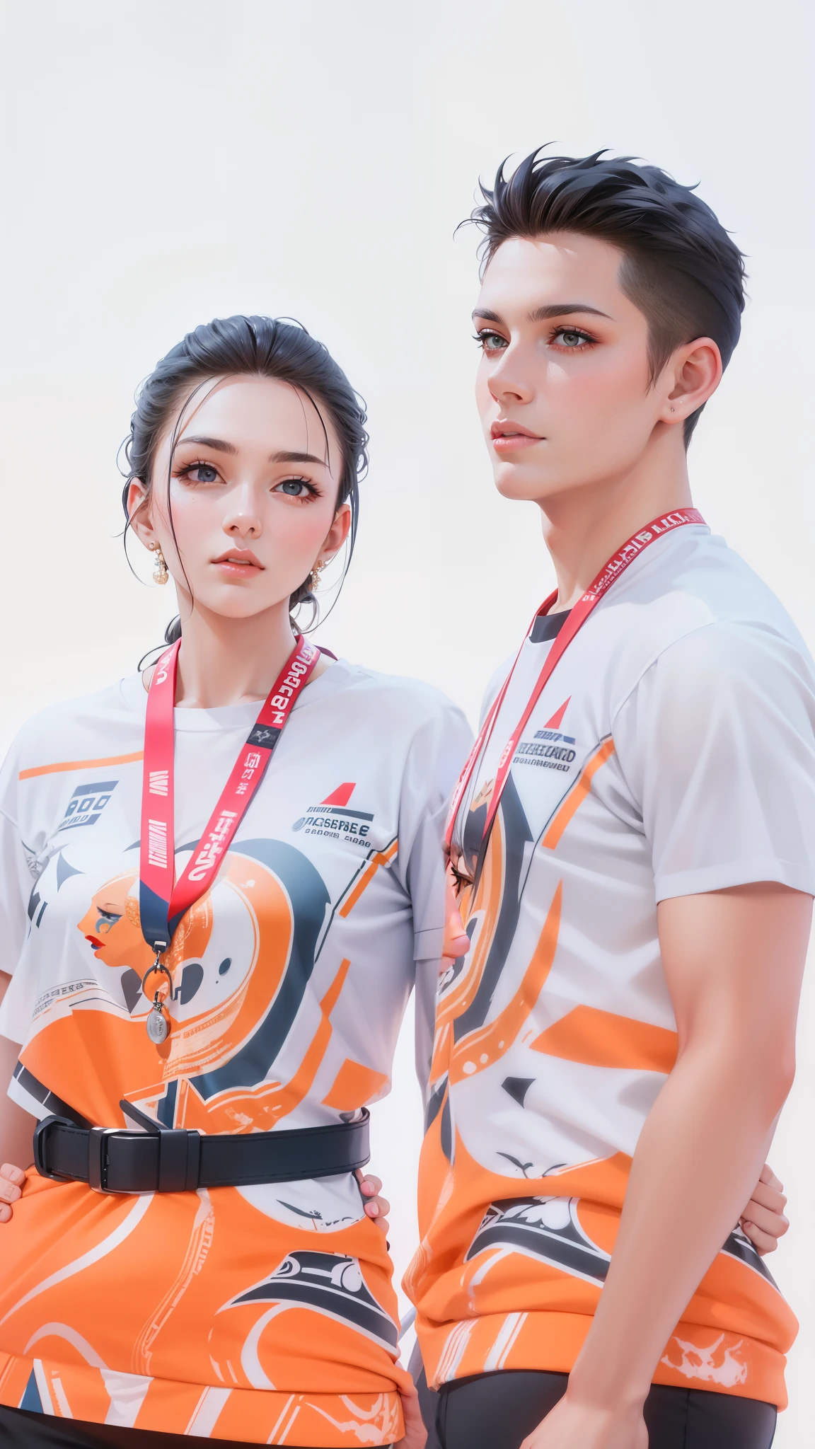 Attractive profile picture, masterpiece, ultra-precise rendering, beautiful and cool young woman and young man, trustworthy, dependable young woman, savior of the world, design, most beautiful image, 4K, grey hair, beautiful woman, handsome man, clean skin