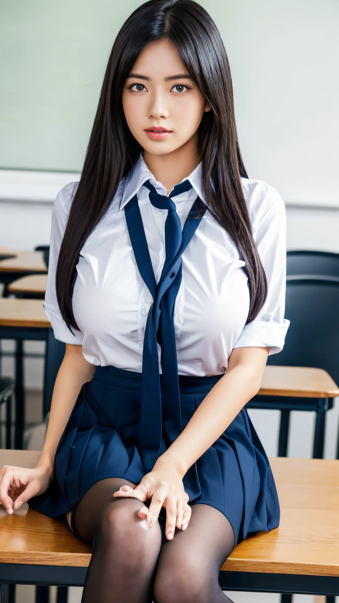 Lisa long hair, Lisa face shape, wearing a tight white button collar shirt, shorts navy blue skirt, long legs, masterpiece, superlative, realistic, HD, photography lighting, 16k, masterpiece, photorealistic ultra-detailed raw image, (white button collar shirt), (short navy blue skirt), long black stocking, asian women, asian women, asian women, realistic skin, realistic schoolgirl, ((1 girl grab her breasts with both hands)), grabbing both her breasts firmly, ((fingers pressing into breast)), ((outline of fingers pressing into breasts)), god rays, god rays on hair, more detail to hair, flowing hair, beautiful hair detailed, hair more full, (background school classroom), siting on desk, legs crossed, thick thighs, sexy thighs, (glossy skin), light from above, more god rays on hair, tight shirt, shirt stretching, busting buttons, small gaps between buttons, buttons bursting, buttons hanging off shirt, (((visible thin straps of threads holding shirt together))), (girl using 2 hands to touch her breasts), (((hands more infront of breast))) (((ultra-detailed hands))), (((very huge breasts))), fingers evenly spread,
