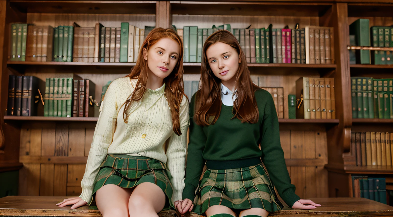 sitting figure 190cms tall beautiful Irish redhead with freckles 24 years old with braided hair, green pullover and green tartan skirt sitting next to beautiful 22 year old bookish British girl with dark brunette hair wearing a white cricket pullover and a red tartan skirt, sitting side by side on the top of a desk in an old English library, they are secret lovers