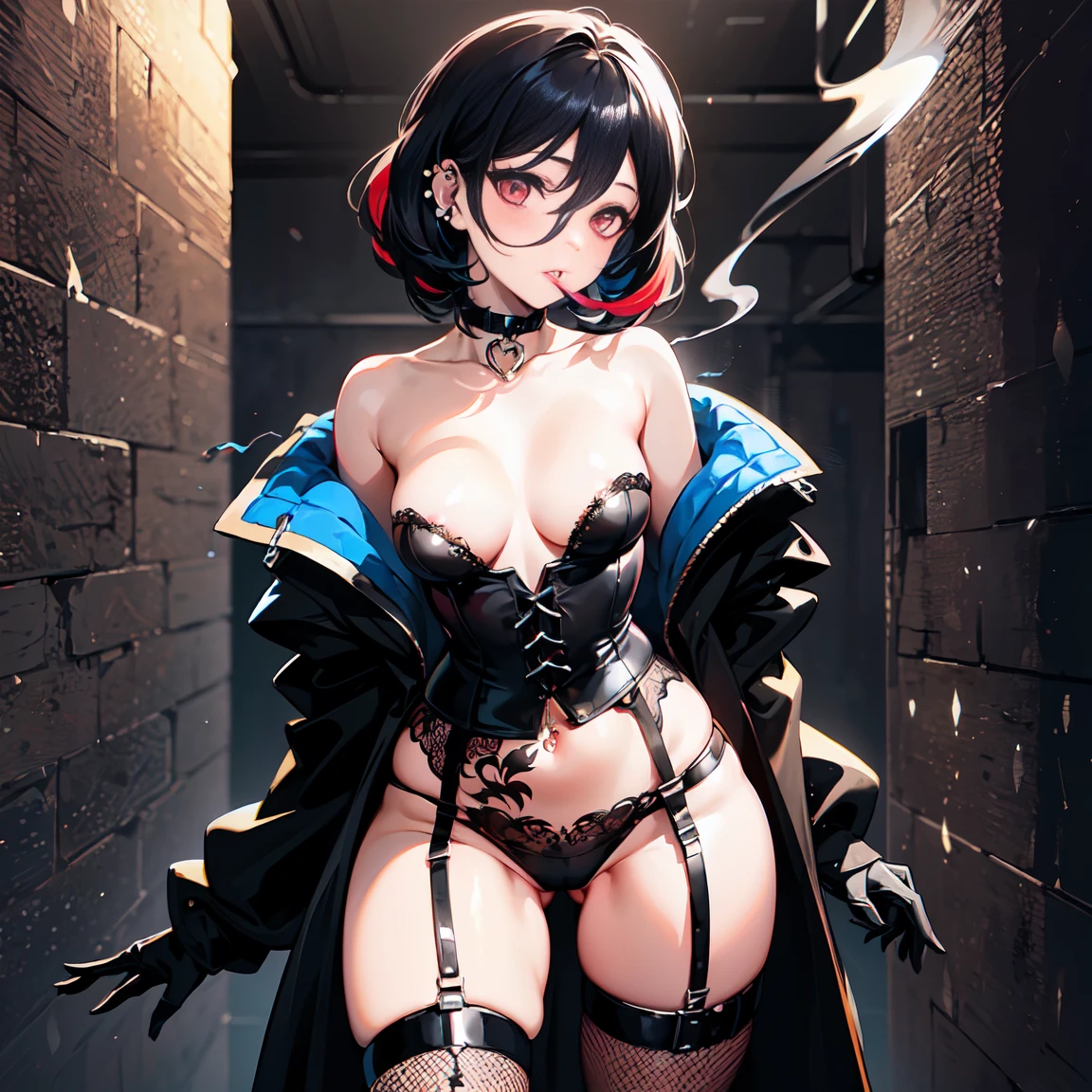 fishnets, ((solo, solo focus, solo girl,1girl))++,(nsfw evil dominatrix shadybug Marinette Dupain-Cheng)+++,low_twintails, red_hair, two tone hair, multicolored_hair, black_hair, solo, short_hair, high_heels, garter_straps, thighhighs, piercing, bare_shoulders, collar, nipple_piercing, red_eyes, thioots, corset, boots, lips, small_breasts, standing, looking_at_viewer, no_panties, gloves, makeup, garter_belt, full_body, lipstick, black_legwear, thighs, thick_thighs, parted_lips, coat, shiny, cleavage, dress, strapless, black_footwear, evil_red_eyeackground, large_breasts, areolae, shiny_skin, choker, grey_background, red_lipstick, black_gloves, blush, pubic_hair, detached_sleeves, no_bra, cumdrip, personification, high_heel_boots, black_lipstick, tattoo, elboloves, eyeshadow, bdsm, smoking, bangs, watermark, off_shoulder, strapless_dress, paris background, empty red eyes,(Realistic:1.2), (Masterpiece:1.2), (full-body-shot:1),(cowboy shot:1.2), neon lighting, dark romantic lighting, (Highly detailed:1.2),(Detailed Face:1.2), Colorful, A detailed eye, (Detailed landscape:1.2), (natural lighting:1.2), near((evil fall Marinette Dupain-Cheng) by Giger ((evil fall Marinette Dupain-Cheng) by Vincent Di Fate: Aidyllery, Anamorphic Shot, ((evil fall Marinette Dupain-Cheng) of the Abyss, intricate complexity, rule of thirds, face by Artgerm and WLOP,