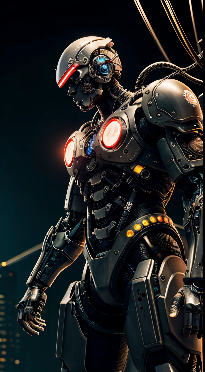 Man Cyborg from Appleseed Alpha, intricate details, wires, neon, hydroulics, gears, tears
