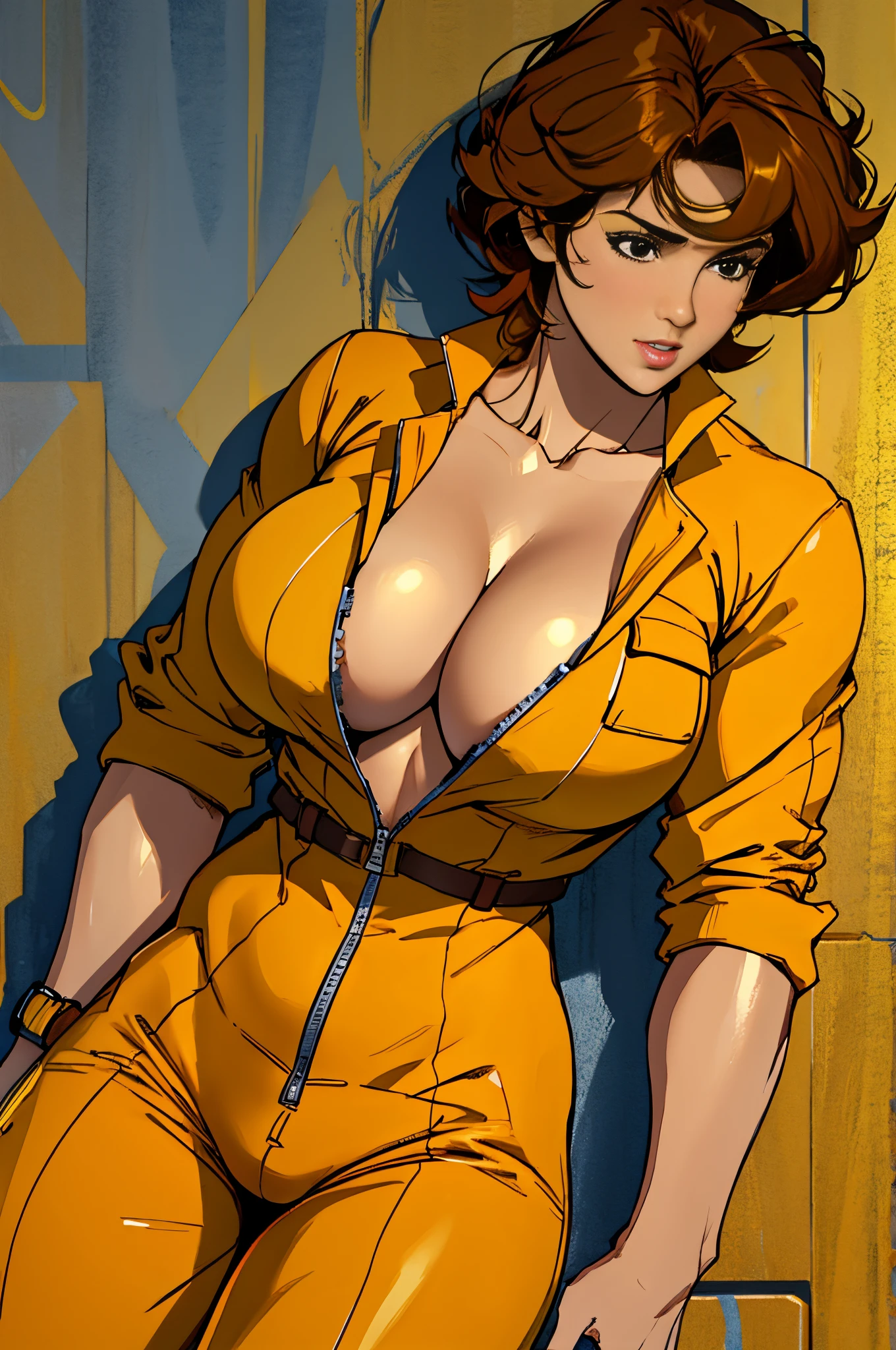 Cowboy shot, April O'Neill, 1girl, brown hair, orange hair, Short hair, Yellow jumper suit, Hip jumper suit, big breasts, Huge_TITTIES, cleavage