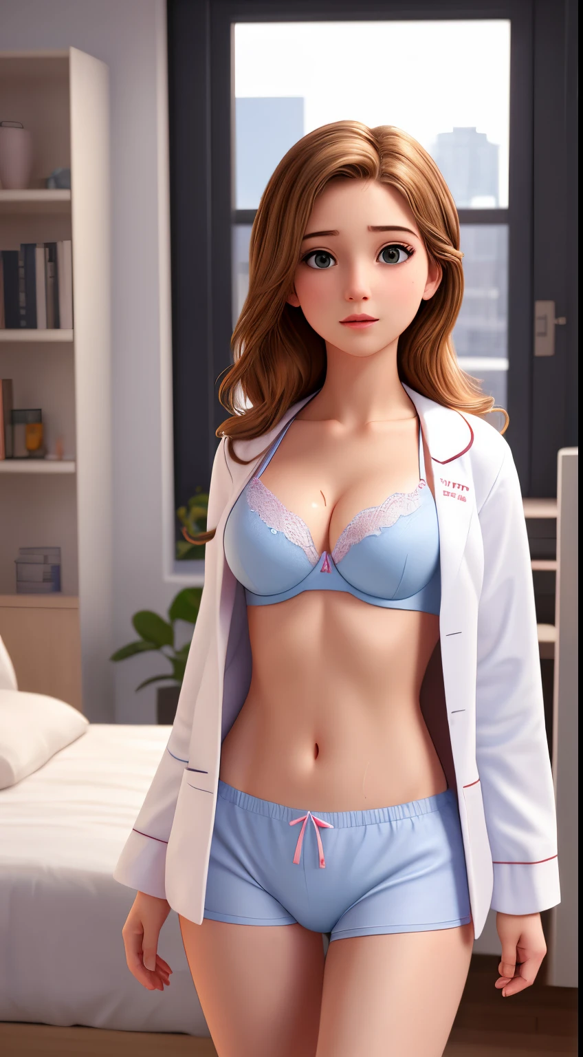(Ultra photo realsisim, Best quality, Masterpiece) Perfect face, pretty, 2 girls, lab coat, bra, panties pajamas, Real, Realistic, Realistic and charming young woman, Hyper Real, Photo, Sexy, Sweat,small cleavage breasts(Round breasts), breasts press