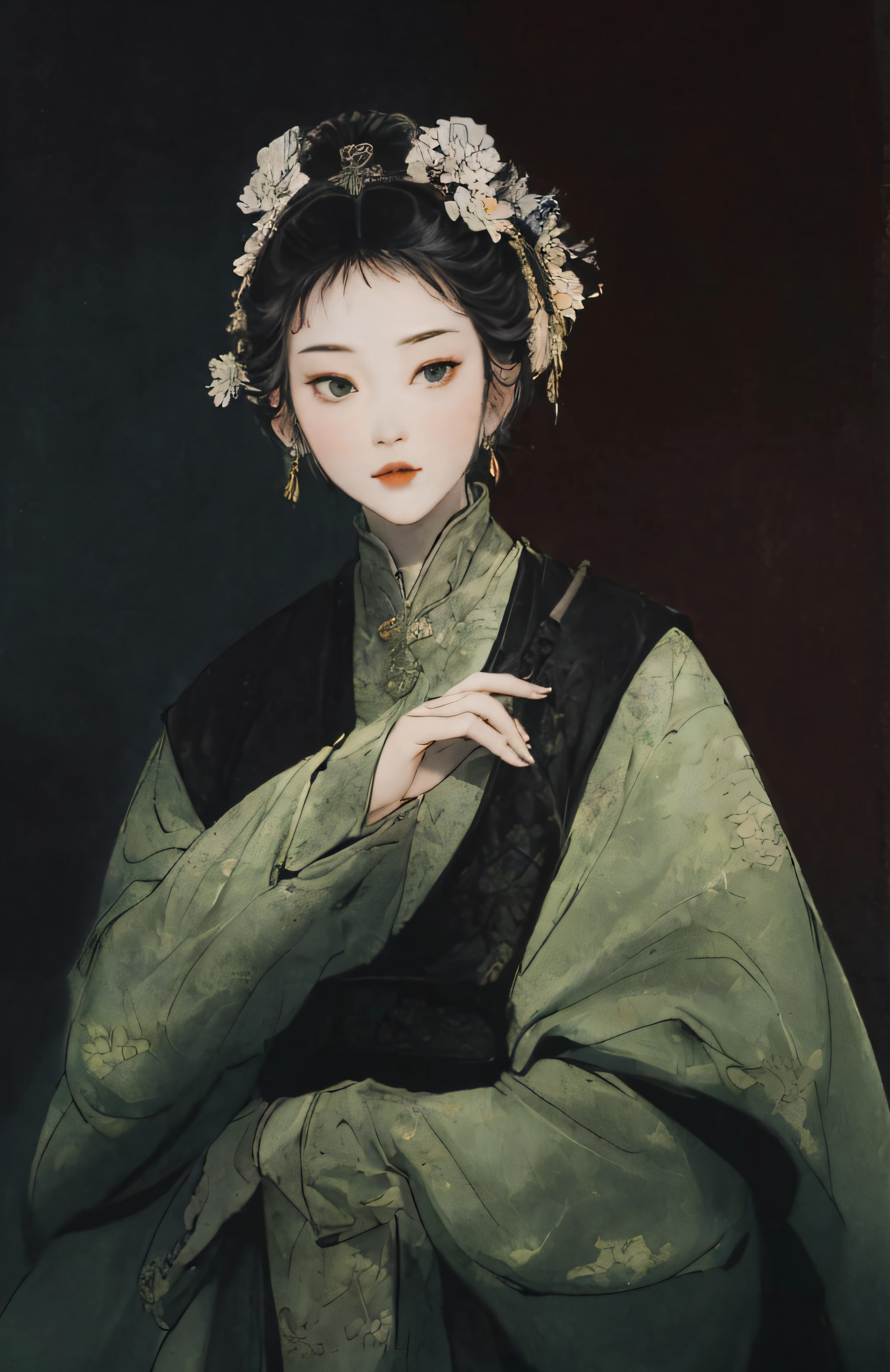 （China - chic Chinese intellectual girl，Anatomical correct，Lu Yunying, who is about twenty-five or sixty-six years old, This is the emperor&#39;s personal female officer.，Wear a scarf：1.2，Oriental elements），（Color card description：1.4），（China - Fashion illustration：1.5，Vector painting：1.5），The dynasty is the late Ming Dynasty，Female officers&#39;There are three locks on s head&#39;of clothes，Than A，Because this book is to attract some players in the Hanfu circle, The performance and restoration of Hanfu are relatively high.（Chinese color，senior color matching，gradient backgrounds，white backgrounid），（The content is very detailed，Reasonable design，Clear lines，high-definition picture quality，tmasterpiece，offcial art，movie light effect，4K）Wear a green kimono、Feder woman with a flower in her hair, Inspired by Qiu Ying, 宮 ， A girl in Hanfu, Inspired by Zhang Sengyao, Inspired by Yun Shouping, inspired by Xie Huan, Inspired by Lanying, Inspired by Guo Xi, Inspired by Zhang Xuan, Inspired by Zhou Shuxi, Inspired by Wang Meng，（China - chic Chinese intellectual girl，Anatomical correct，Lu Yunying, who is about twenty-five or sixty-six years old, This is the emperor&#39;s personal female officer.，Wear a scarf：1.2，Oriental elements），（Color card description：1.4），（China - Fashion illustration：1.5，Vector painting：1.5），The dynasty is the late Ming Dynasty，Female officers&#39;There are three locks on s head&#39;of clothes，Than A，Because this book is to attract some players in the Hanfu circle, The performance and restoration of Hanfu are relatively high.（Chinese color，senior color matching，gradient backgrounds，white backgrounid），（The content is very detailed，Reasonable design，Clear lines，high-definition picture quality，tmasterpiece，offcial art，movie light effect，4K）