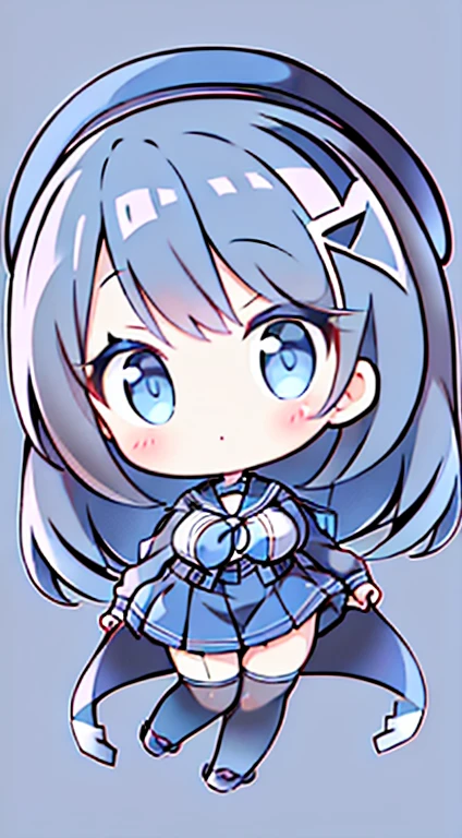 an anime girl, 1 person, Black hair, hair clip on the right side of bangs, Black Cap, Light blue eyes, white women shirt, A small light blue ribbon on the chest, Office Uniform, A tight-fitting shirt, Tight skirt, Stockings,Chibi,Full body, Big breasts, Front view, Solo