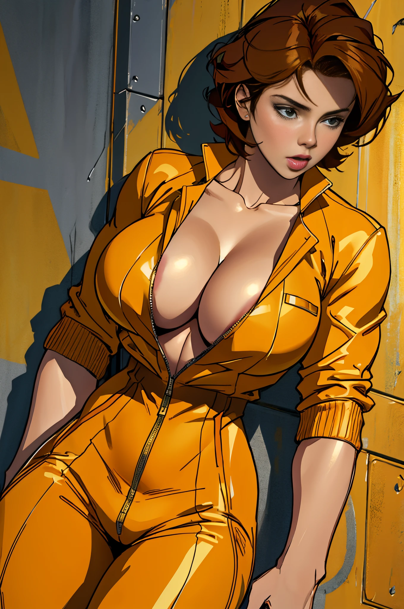 Masterpiece, ultra-detailed, illustration, Masterwork, Best Quality, dynamic lighting, cinematic lighting, April O'Neill, 1girl, Scarlett Johansson, brown hair, orange hair, Short hair, Yellow jumper suit, Hip jumper suit, big breasts, Huge_TITTIES, cleavage, nipples
