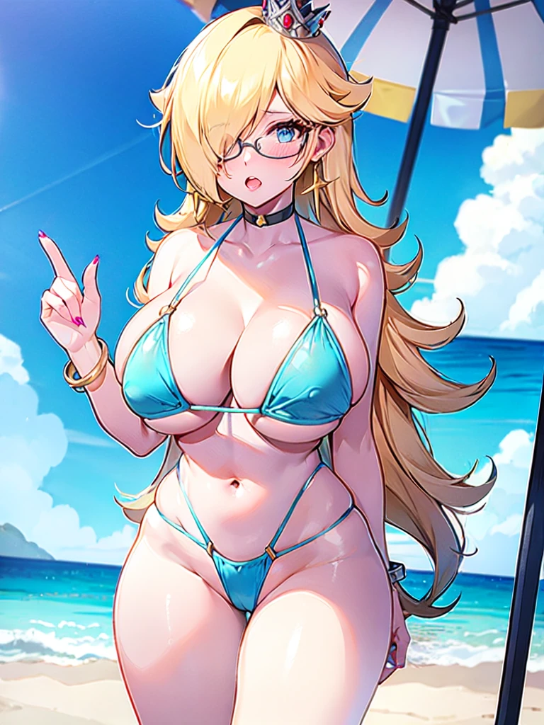 1girl, swimsuit, bikini, breasts, blonde_hair, solo, crown, blue_eyes, nail_polish, lips, large_breasts, jewelry, micro_bikini, long_hair, glasses, yellow_bikini, highleg_bikini, makeup, navel, lipstick, earrings, curvy, highleg, looking_at_viewer, underboob, thighs, parted_lips, puckered_lips, adjusting_swimsuit, shiny_skin, nose, choker, stomach, eyelashes, bracelet, shiny, fingernails, beach, borrowed_design, cleavage, gem, thick_thighs, collar, strap_gap, cowboy_shot, skindentation, thong_bikini, tanline, tan, standing, bangs, sharp_fingernails, bikini_pull, covered_nipples, wide_hips, eyeshadow, day, bespectacled, teeth, string_bikini, round_eyewear, mini_crown, spikes, collarbone, blush, bare_shoulders, pink_nails, blue_nails, breasts_apart, umbrella, bowser, open_mouth, areolae