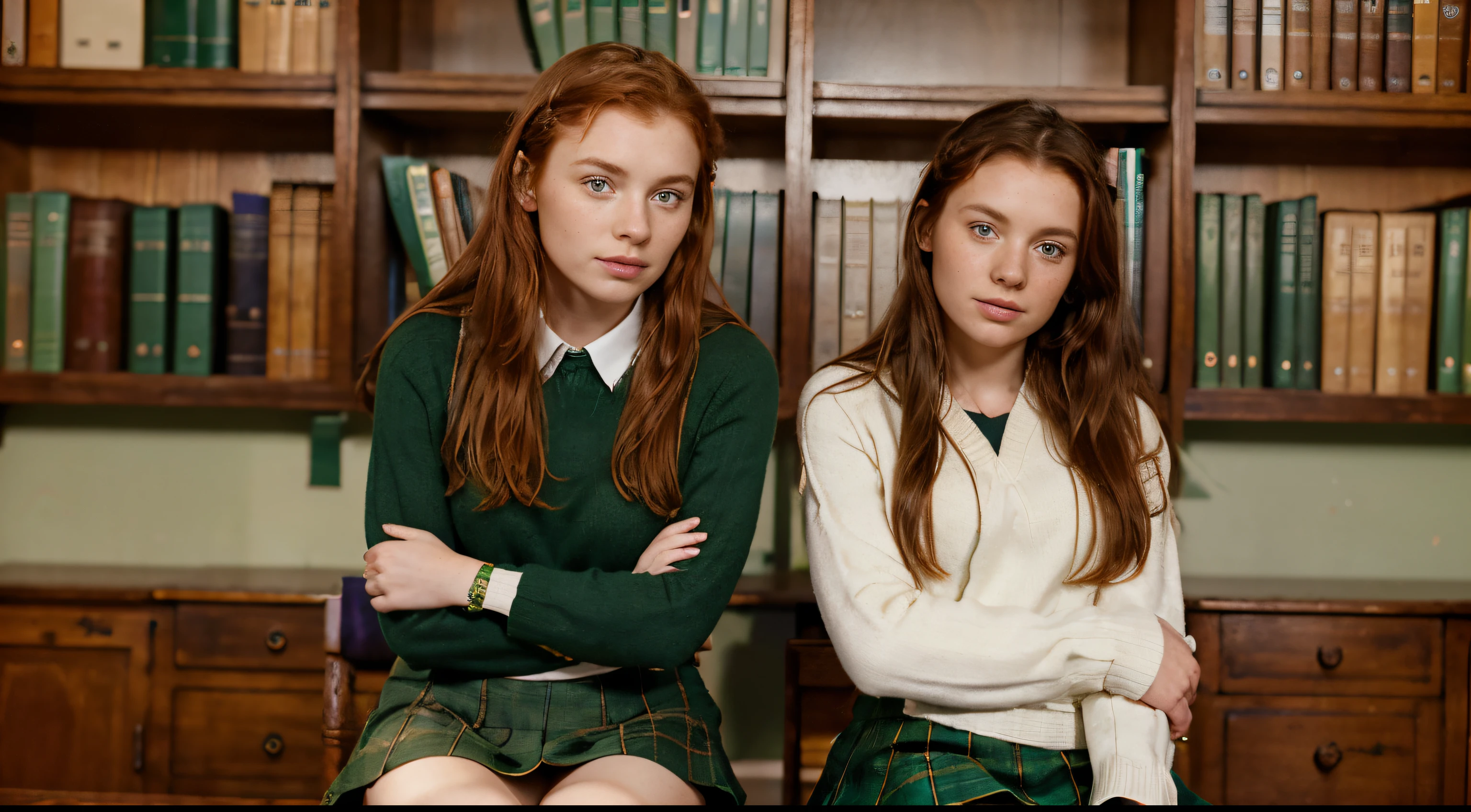 sitting figure 190cms tall beautiful Irish redhead with freckles 24 years old with braided hair, green pullover and green tartan skirt sitting next to beautiful 22 year old bookish British girl with dark brunette hair wearing a white cricket pullover and a red tartan skirt, sitting side by side on the top of a desk in an old English library, they are secret lovers