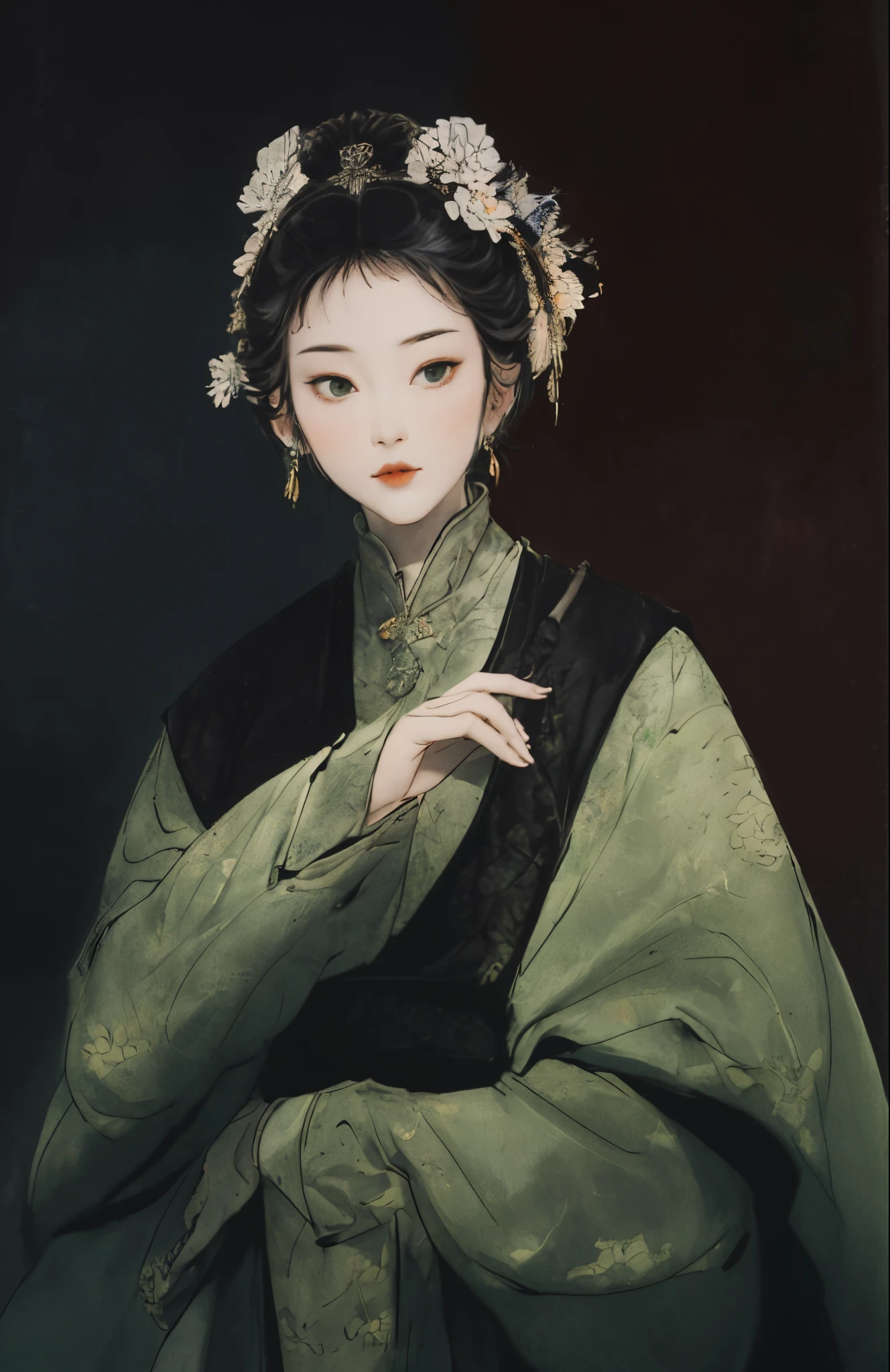 （China - chic Chinese intellectual girl，Anatomical correct，Lu Yunying, who is about twenty-five or sixty-six years old, This is the emperor&#39;s personal female officer.，Wear a scarf：1.2，Oriental elements），（Color card description：1.4），（China - Fashion illustration：1.5，Vector painting：1.5），The dynasty is the late Ming Dynasty，Female officers&#39;There are three locks on s head&#39;of clothes，Than A，Because this book is to attract some players in the Hanfu circle, The performance and restoration of Hanfu are relatively high.（Chinese color，senior color matching，gradient backgrounds，white backgrounid），（The content is very detailed，Reasonable design，Clear lines，high-definition picture quality，tmasterpiece，offcial art，movie light effect，4K）Wear a green kimono、Feder woman with a flower in her hair, Inspired by Qiu Ying, 宮 ， A girl in Hanfu, Inspired by Zhang Sengyao, Inspired by Yun Shouping, inspired by Xie Huan, Inspired by Lan Ying, Inspired by Guo Xi, Inspired by Zhang Xuan, Inspired by Zhou Shuxi, Inspired by Wang Meng，（China - chic Chinese intellectual girl，Anatomical correct，Lu Yunying, who is about twenty-five or sixty-six years old, This is the emperor&#39;s personal female officer.，Wear a scarf：1.2，Oriental elements），（Color card description：1.4），（China - Fashion illustration：1.5，Vector painting：1.5），The dynasty is the late Ming Dynasty，Female officers&#39;There are three locks on s head&#39;of clothes，Than A，Because this book is to attract some players in the Hanfu circle, The performance and restoration of Hanfu are relatively high.（Chinese color，senior color matching，gradient backgrounds，white backgrounid），（The content is very detailed，Reasonable design，Clear lines，high-definition picture quality，tmasterpiece，offcial art，movie light effect，4K）