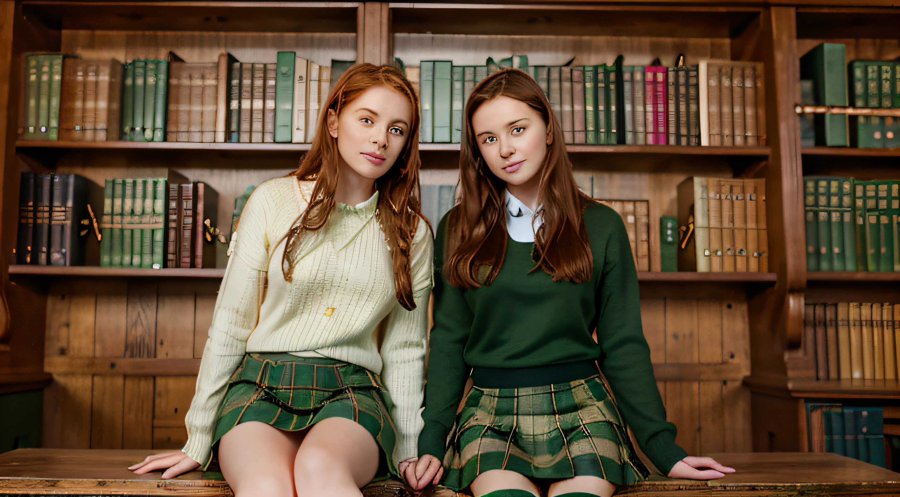sitting figure 190cms tall beautiful Irish redhead with freckles 24 years old with braided hair, green pullover and green tartan skirt sitting next to beautiful 22 year old bookish British girl with dark brunette hair wearing a white cricket pullover and a red tartan skirt, sitting side by side on the top of a desk in an old English library, they are secret lovers