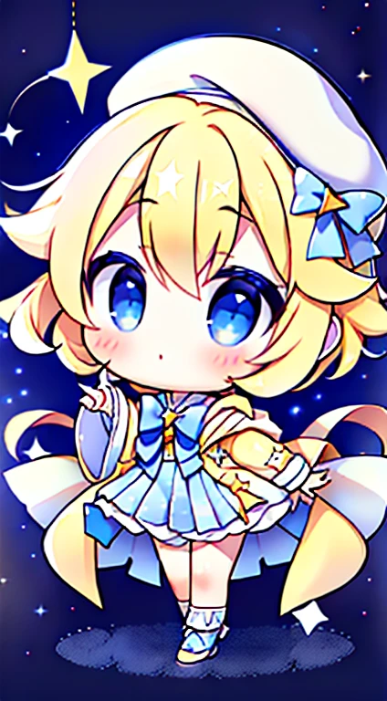yellow hair,robe blanche,e Blue Eyes,Star Accessories,Blue bow tie,White beret(Comes with a blue bow),starryskybackground,Q version,stand up,full body Esbian, hide fingers