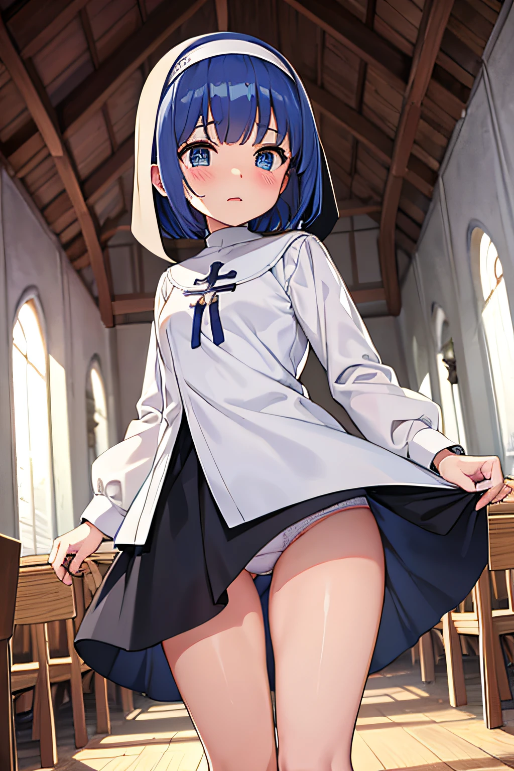 nun child&#39;clothes are upside down, Monastic clothing、Cute,  White ruffled panties, {{{{{{Half Top}}}}}}、Blue-haired、 bob cuts, {{{{{{Realistic}}}}}}, {{{{{{Head out of frame}}}}}}, Thigh, {{{{{{{{{From below}}}}}}}}}, Blushing, (Open legs:1.4)、Bitten underwear、Drooling from the mouth、NSFW、Open、church background、{{put your hands together and pray to God}}、 {{{{{{Ejaculate in the}}}}}}、A statue of Christ is placed on the ground