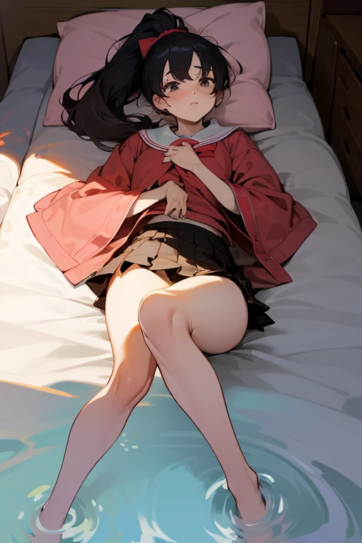 whaite hair，High ponytail，Anime shoujo，jk，Lie down in bed，Be red in the face，spread thighs，The bottom of the skirt is exposed and water flows out