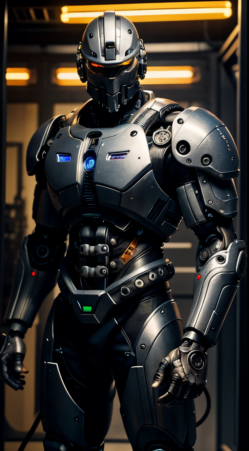Man Cyborg from Appleseed Alpha, intricate details, wires, neon lights, hydroulics, gears, tears, big shoulder pads