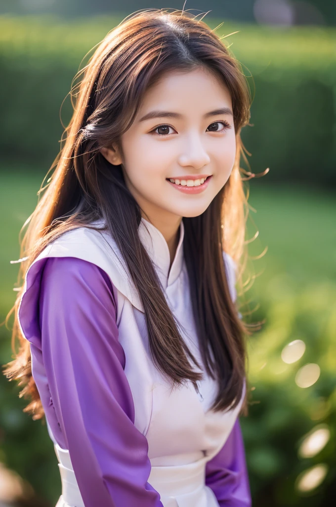 traditional clothes ,purple ao dai, ao dai, vietnamese girl, vietnam, vietnamese, satin, pretty girl, smiling , long hair, Realistic lighting, delicate face, cute expression, Body perfect anatomy,Top Quality, 8K Resolution , full body , realistic , real human , High quality, shiny ao dai , realistic , Cinematic, Aesthetic , satin aodai, 20 year old girl, detailed and beautiful face and eyes,beautiful woman
