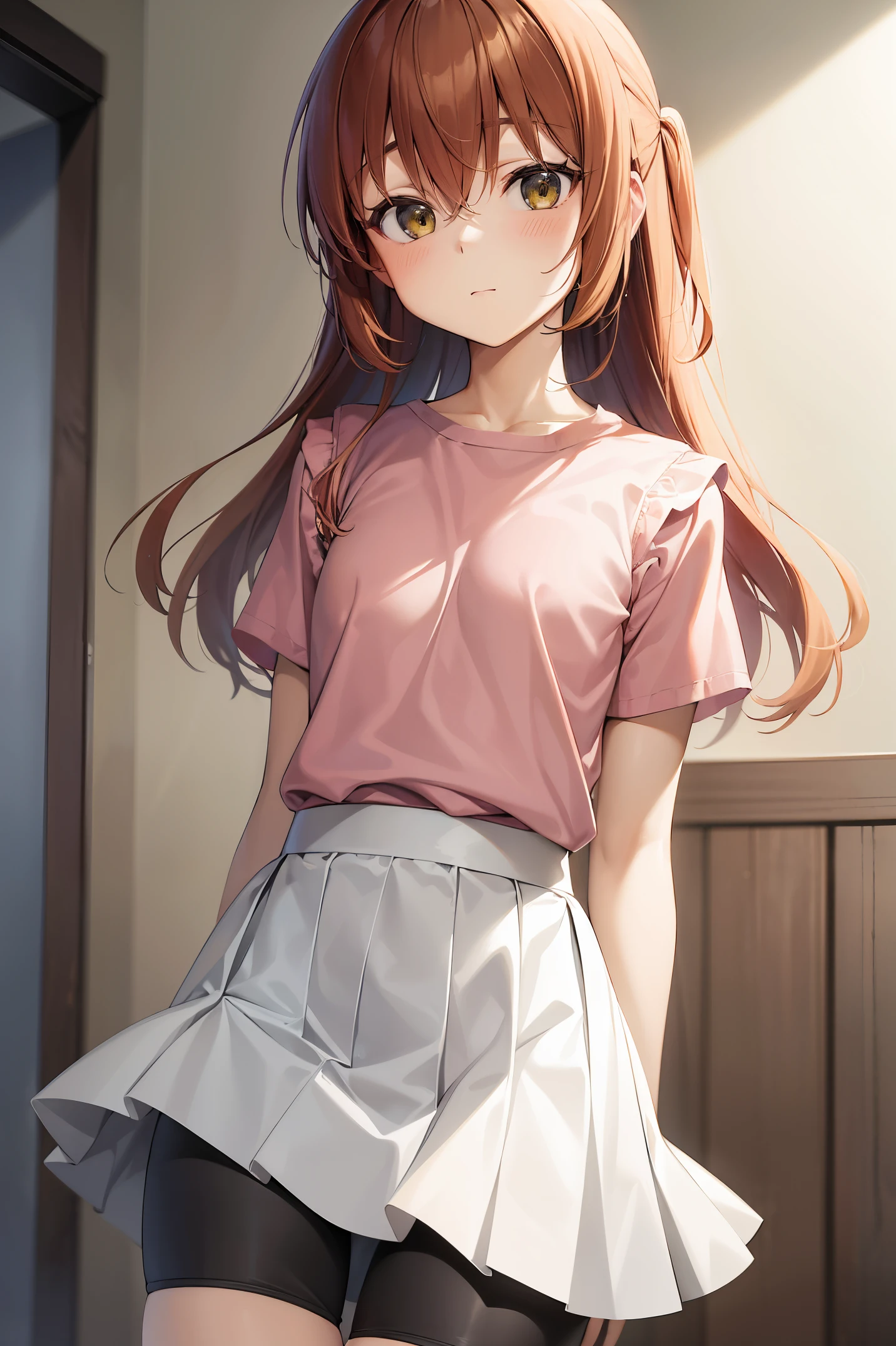 Room, 1 girl, best quality, ultra high res, long hair, brown hair, Brown eyes, pink shirt, short sleeves, white skirt, pleated skirt, miniskirt, bike shorts, bike shorts under skirt, looking at viewers, small breast, standing, pov, slim body, loli body, small body