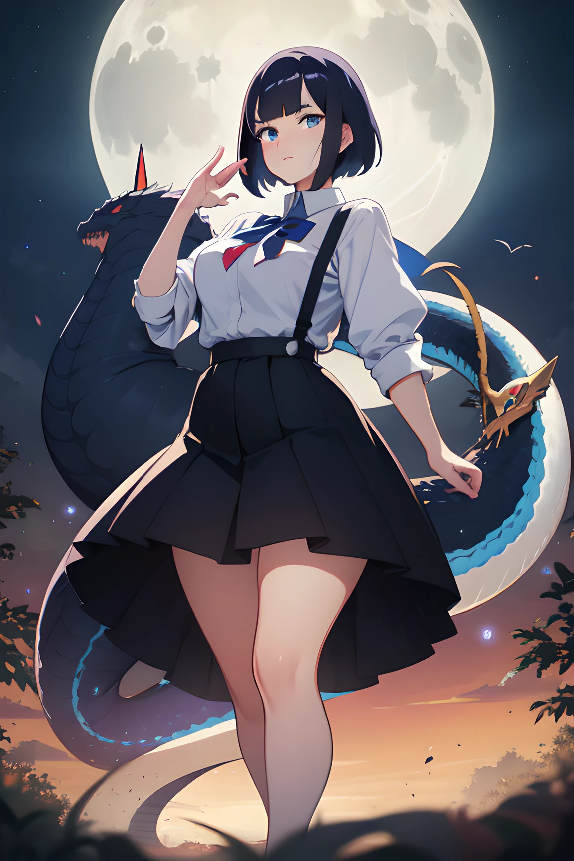 une femme au pouvoir majestueux avec une cheveulure blanche et des longs soreil qui commence a lencer un saor gigantesque avec un kaiju qui ressemble a un serpent noir juste derrier de tien du personnage et il a une lune bleue avec une hydre dans le fond stylr kill la tuer