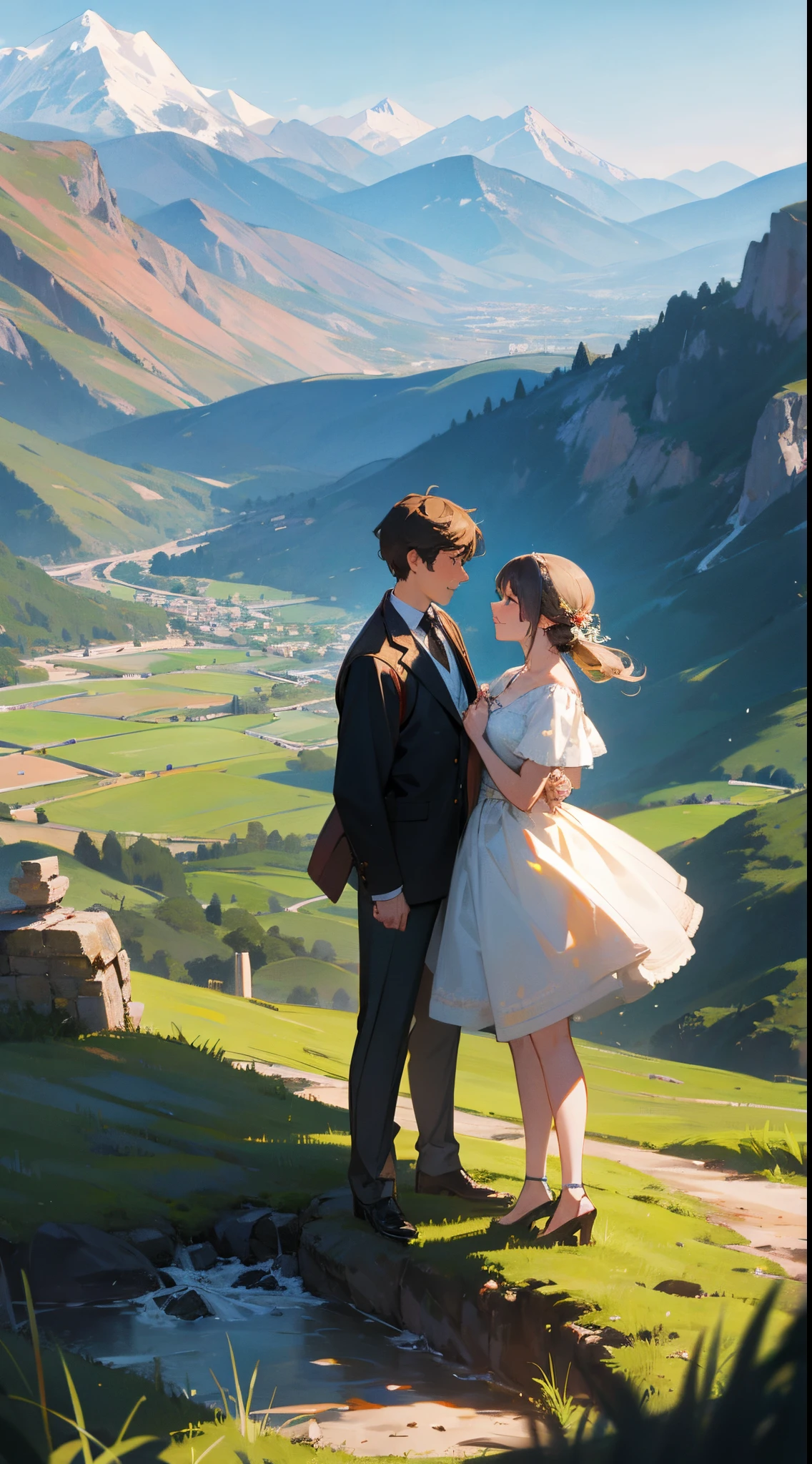 A lovely couple, standing beside the valley and mountain, which cinematic views