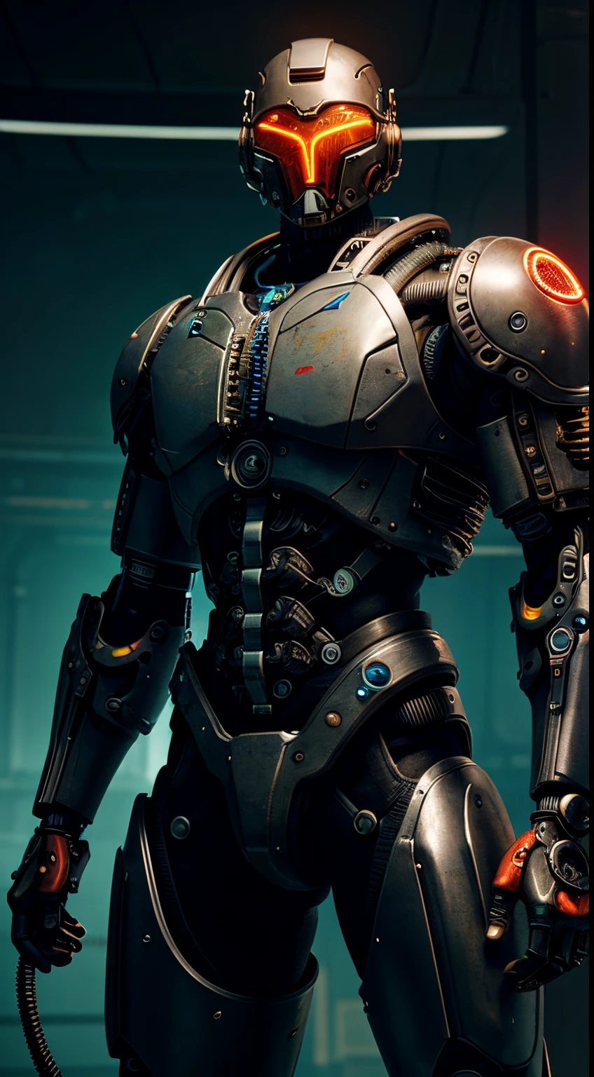 Man Cyborg from Appleseed Alpha, intricate details, wires, neon, hydroulics, gears, mechanical damage, parts rusted