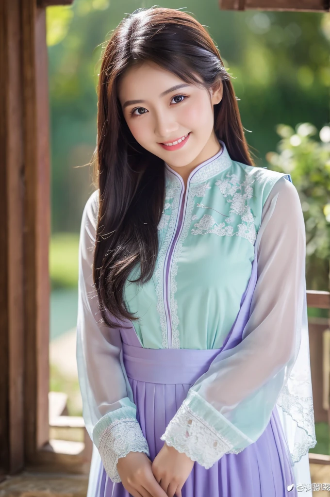 traditional clothes ,purple ao dai, ao dai, vietnamese girl, vietnam, vietnamese, satin, pretty girl, wide smile , long hair, Realistic lighting, delicate face, cute expression, Body perfect anatomy,Top Quality, 8K Resolution , full body , realistic , real human , High quality, shiny ao dai , realistic , Cinematic, Aesthetic , satin aodai, 21 year old girl, detailed and beautiful face and eyes,beautiful woman