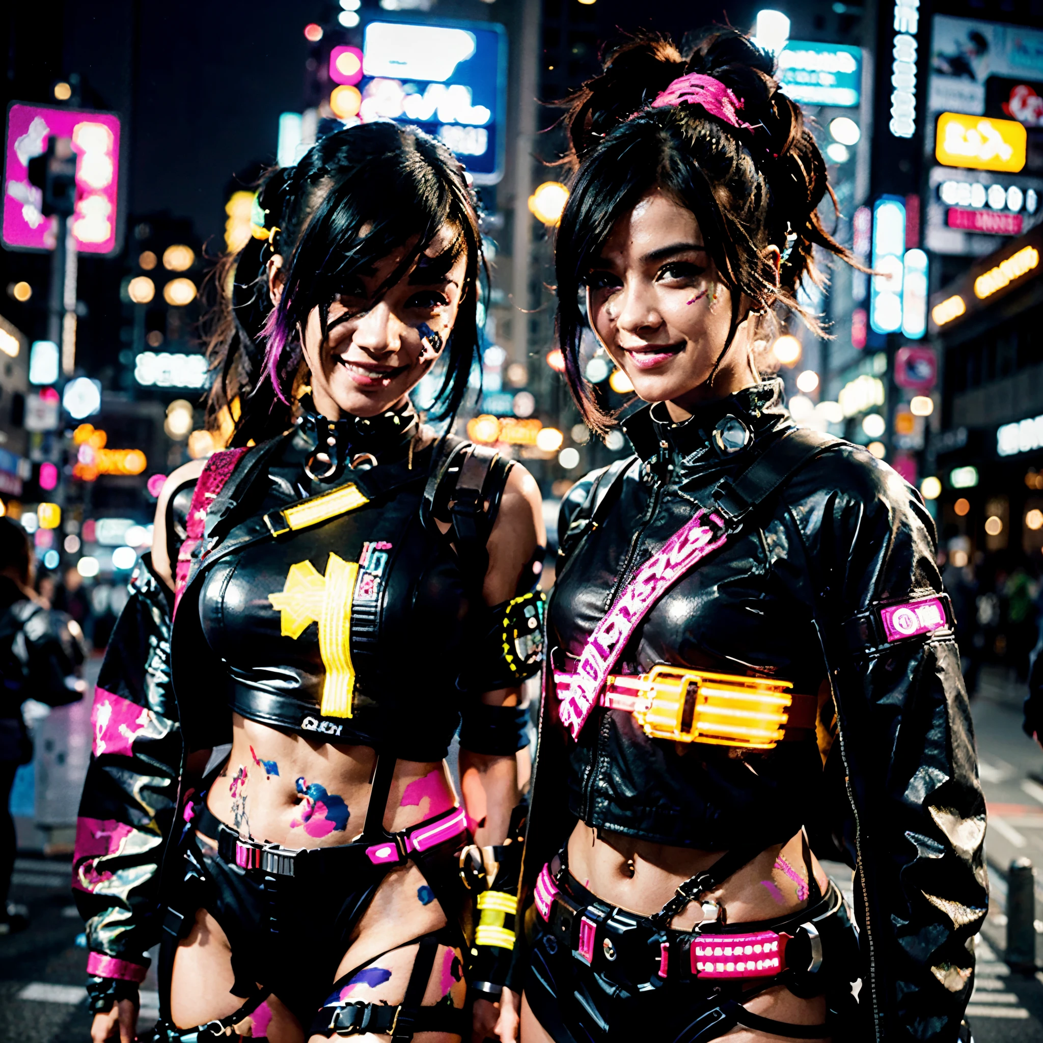 masterpiece, best quality, 2 ((smiling)) cyberpunk girls standing together, Harajuku-inspired cyberpunk body harness, bold colors and patterns, eye-catching accessories, trendy and innovative hairstyle, dazzling Cyberpunk cityscape, skyscrapers, glowing neon signs, LED lights, anime illustration, detailed skin texture, detailed cloth texture, beautiful detailed face, intricate details, ultra detailed, cinematic lighting, strong contrast.