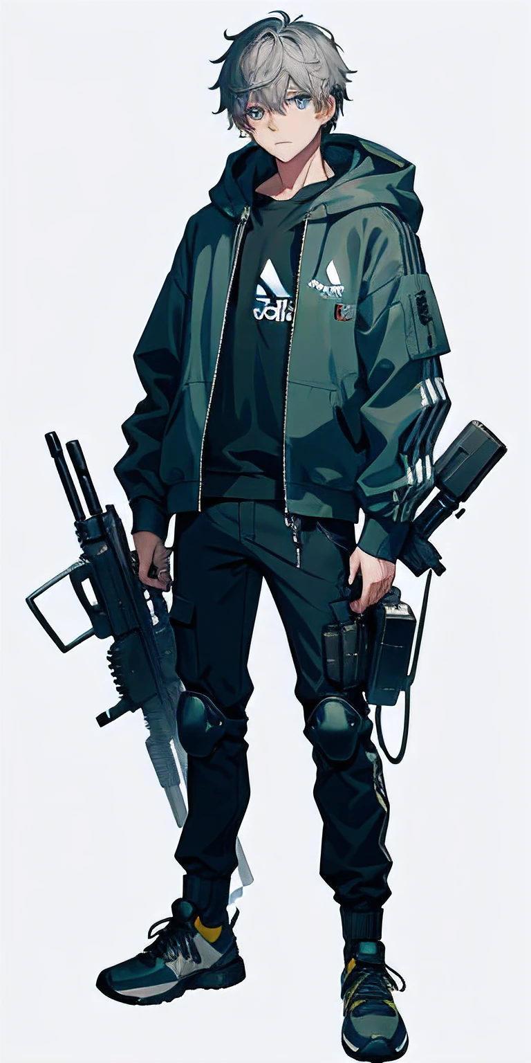 (and.z.-Young:1.1), (1boy:1.3), (male focus:1.3), (独奏:1.1), Solo Focus, Masterpiece, ((Exquisite_Detail)), illustartion, (a handsome), very_Detailed_computer graphics, gray hairs, grey-blue eyes, Simple background, cool sweatshirt, (hood:1.1), adidas, Standing, (cargo pants:1.1), lace-up boots, toxic green laces, small yellow details, (adidas:1.0), long sleeves, Technical clothing, heavy technology, ciberpunk, futuristic style, Cyborg, dirty fluffy hair, futuristic rifle, mechanic, A young man