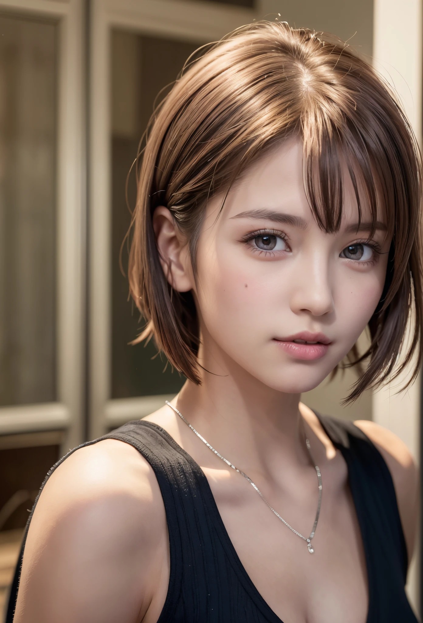 (8K, Photorealistic, Raw photo, of the highest quality: 1.3), (1girl in), Super beautiful, (Realistic face), (boyish, Silver Color Berry Shorthair), Beautiful , Glare that captivates the viewer, Beautiful expression, Beautiful breasts, (Realistic skin), Be...