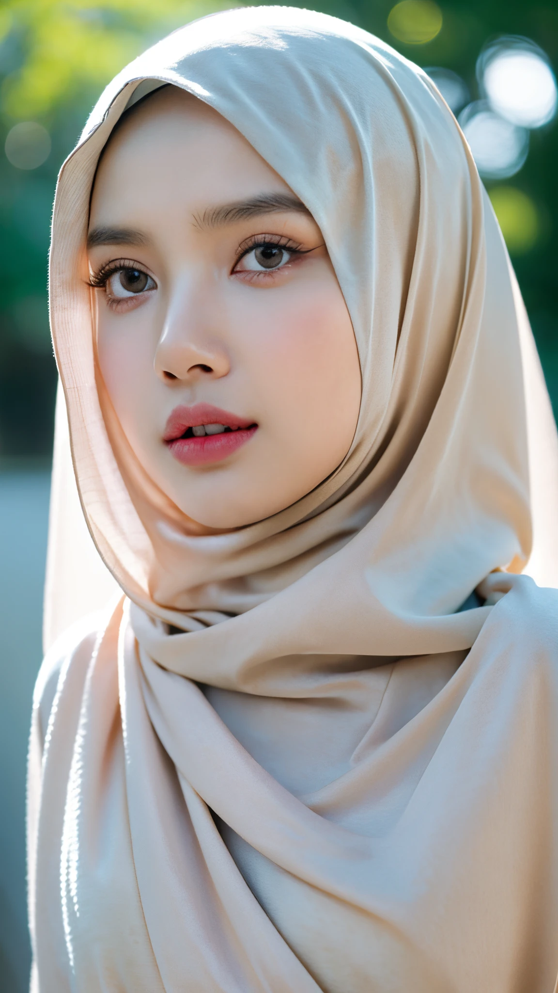 film portrait photography, girl wearing hijab, serene, calm, (realistic detailed eyes, natural skin texture, realistic face details), soft dramatic lighting, depth of field, bokeh, vibrant details, finely detailed, hyperrealistic, 35mm film, hazy blur