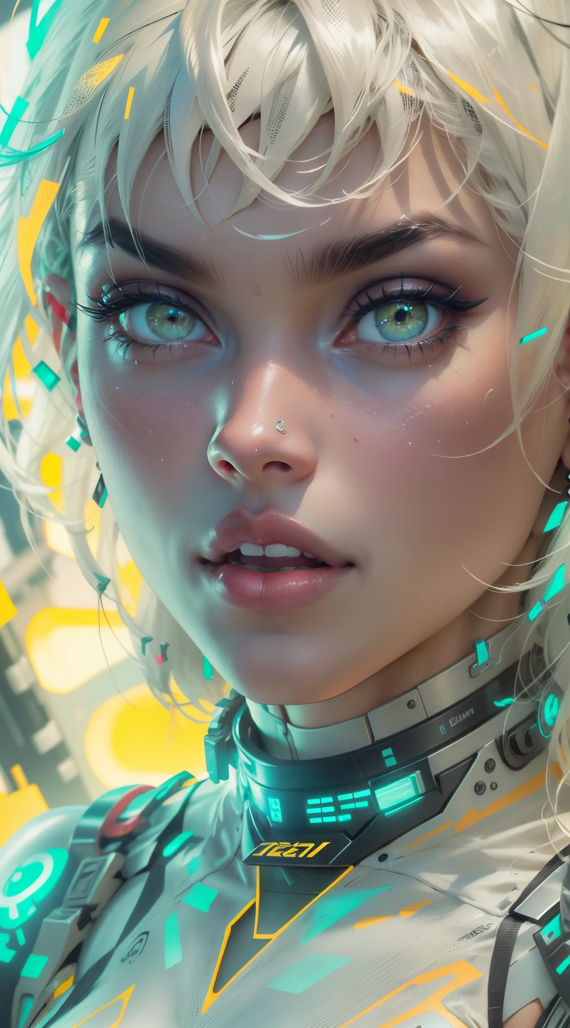 Motor irreal:1.4,CG ultra realista 64K, fotorrealista:1.4, textura da pele:1.4, obra prima:1.4, Mulher 30 anos cabelos brancos (Dua Lipa pov) Looking at the Viewer, cabelos muito curtos, low-cut cybernetic bodysuit, (Rosto extremamente detalhado), de frente, 8K resolution, super detalhado, alta qualidade, fundo branco completo, Resumo Antecedentes, preenchimento labial, lips sexy, Big Lips, Beautiful, medium breasts, no-bra, olho azul, neon clothes, Cyberpunk, luz de fundo, Garota Cyberpunk, olhos cristalinos, olhos perfeitos, Dentes perfeitos, dentes retos
