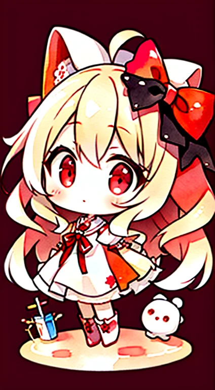 Best Quality,masutepiece,Traditional Media, marker_\(Medium\),Painting_\(Medium\),watercolor paiting_\(Medium\),It features a simple_Background,1girl in,Solo, Full body,Long hair, Blonde hair,Red Eyes,Puffy sleeves,white_Bow,Dress,Red_Footwear,Bow, Short sleeves,long boots,Chibi,Full body, Front view, Solo