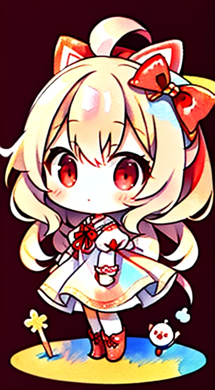 Best Quality,masutepiece,Traditional Media, marker_\(Medium\),Painting_\(Medium\),watercolor paiting_\(Medium\),It features a simple_Background,1girl in,Solo, Full body,Long hair, Blonde hair,Red Eyes,Puffy sleeves,white_Bow,Dress,Red_Footwear,Bow, Short sleeves,long boots,Chibi,Full body, Front view, Solo