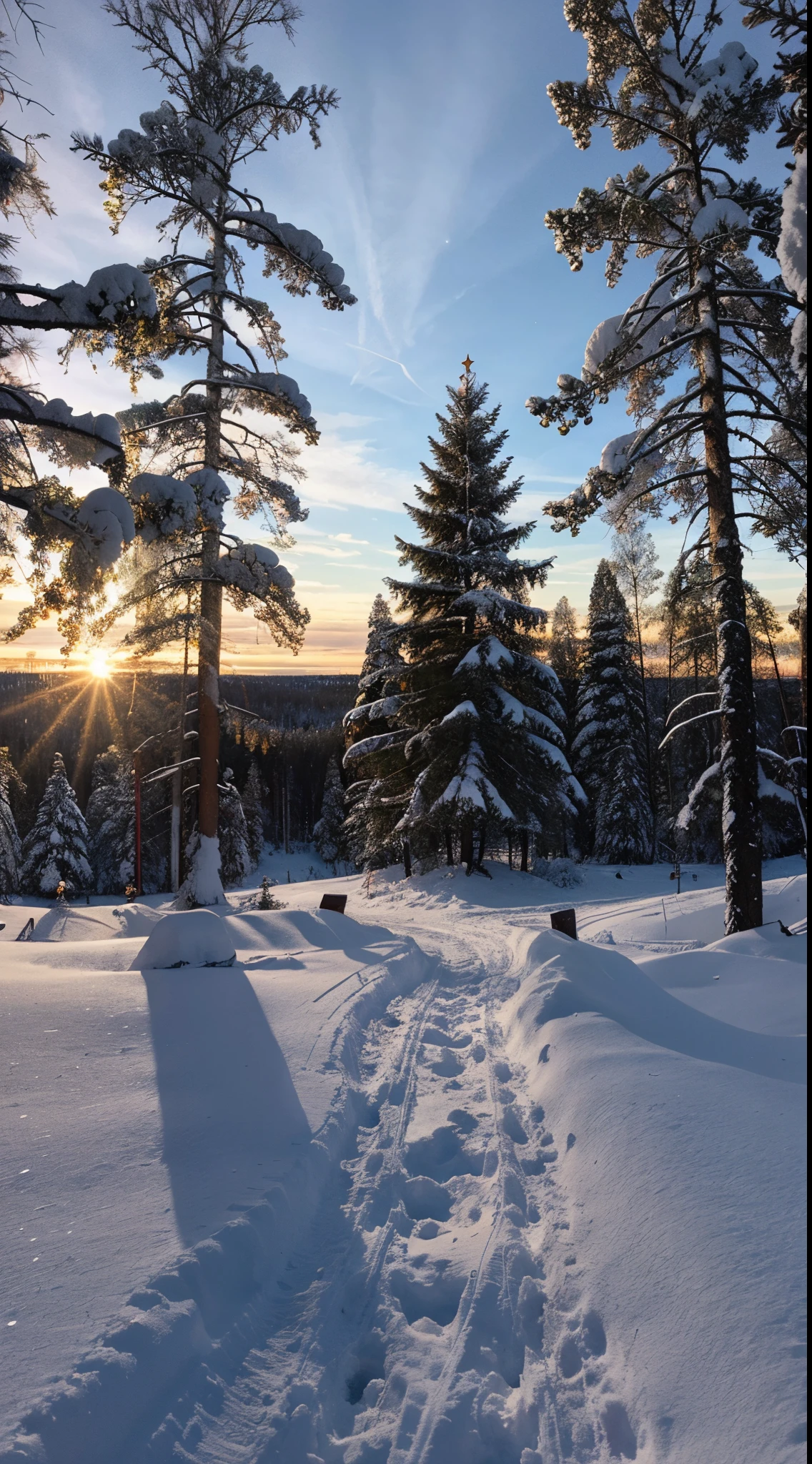 christmas in a forest in finland, sunset, snowy trees