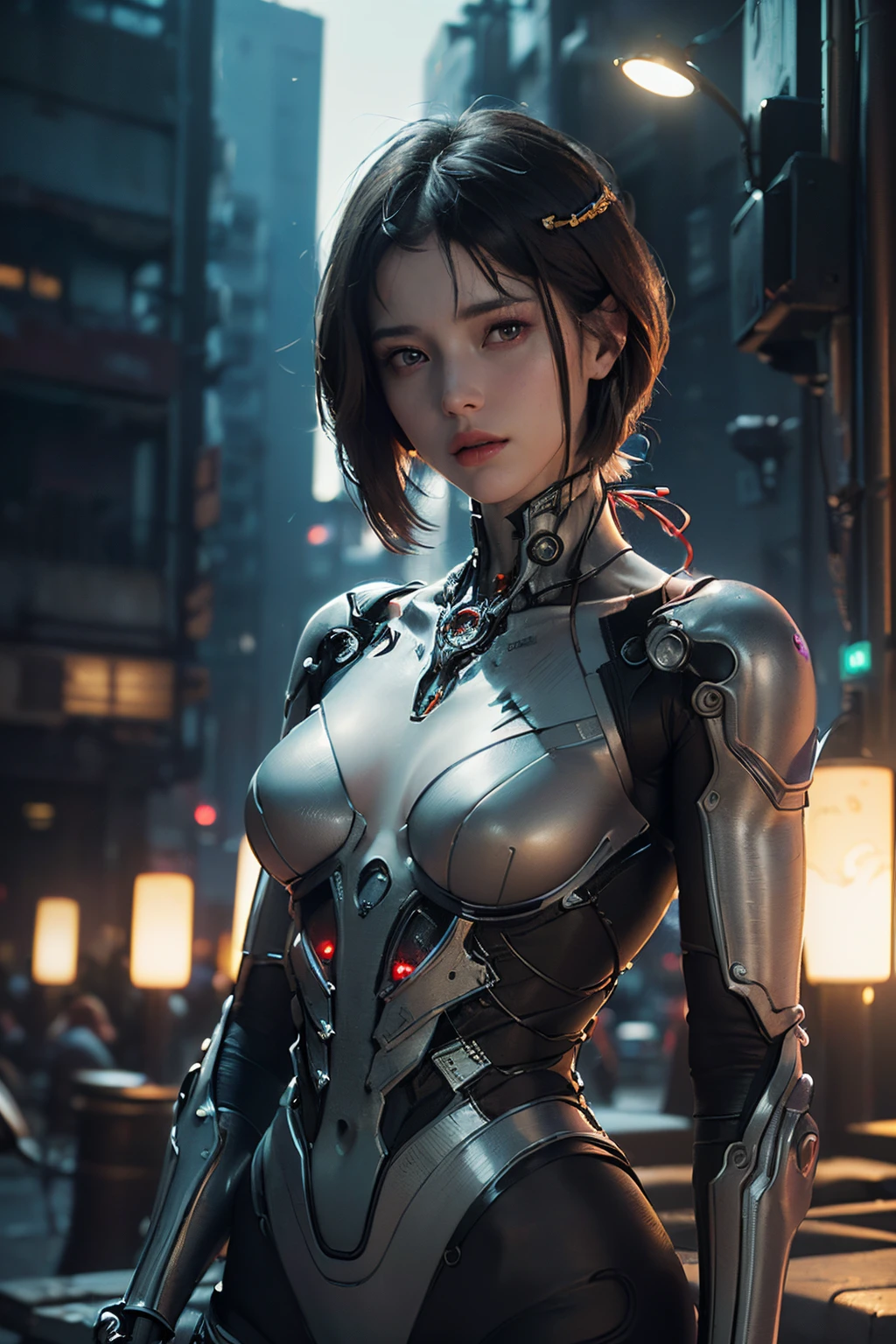 Top Quality, Masterpiece, Ultra High Resolution, ((Photorealistic: 1.4), Raw Photo, 1 cyberpunk Girl, Glossy Skin, 1 Mechanical Girl, (Ultra Realistic Detailechanical limbs, tubes connected to the mechanical parts, mechanical vertebrae attached to the spine, mechanical cervical attachment to the neck, wires and cables connecting to the head, Evangelion, Ghost in the Shell, small glowing LED lamps, global lighting, deep shadows, Octane Rendering, 8K, Ultra Sharp, Metal, Intricate Ornament Details, baroque details, Very intricate details, realistic light, CGSoation trend, facing the camera, neon details, (android manufactory in background), art by H.R. Giger and Alphonse Mucha.
