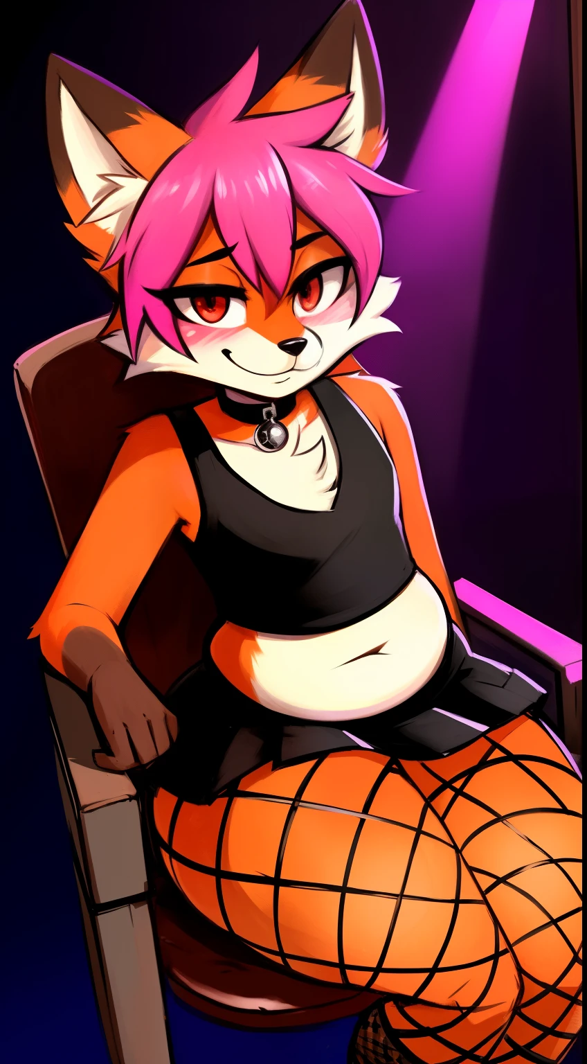 Zackary911, Kenket, Kilinah, Zackary911by Zackary911, Kenket, Kilinah, Zackary911, (((fox femboy, thin shoulders, Antrum, extremely detailed, extremely detailed legs, extremely detailed arms, extremely detailed Face, perfectly detailed eyes, perfectly detailed ))): 1.2, alone, perspective, curved thighs, huge thighs, curvature, embarrassed smile, (butt), totally blushing, nervous, Looking at the Viewer, Red eyes, black choker, Gothic costume, Green tank top, black skirt, Fishnet stockings, Boots, gothic makeup, nightclub, neon lights, fishnet gloves, barbell, sitting on a chair, Squishy, best types of thighs, huge saggy thighs, huge thighs, chubby, Widened thighs, long tight leggings, crop top struggles to stay in place, finely rendered skin, Excellent shading, vibrant colors, elegantly exaggerated features, playful expression, expressive eyes, raised ears, artistic style, detailed fox body with tiger stripe, long voluminous hair with pink tips, underwear tight with cups, round belly, big V-neck sweatshirt, bright lighting, Fox head, image showing thighs up, Bumper, cute, beer belly, red and black clothes, all listed or with a diamond symbol