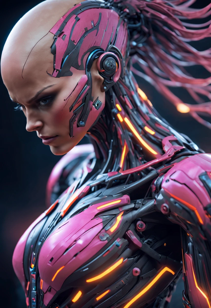 (full body pose), Cinematic, hyper-detailed, and insanely detailed, this artwork captures the essence of a bald muscular female android girl. Beautiful color grading, enhancing the overall cinematic feel. Unreal Engine brings her anatomic cybernetic muscle suit to life, appearing even more mesmerizing. With the use of depth of field (DOF), every detail is focused and accentuated, drawing attention to her eyes and the intricate design of the anatomic cybernetic muscle suit . The image resolution is at its peak, utilizing super-resolution technology to ensure every pixel is perfect. Cinematic lighting enhances her aura, while anti-aliasing techniques like FXAA and TXAA keep the edges smooth and clean. Adding realism to the anatomic cybernetic muscle suit, RTX technology enables ray tracing. Additionally, SSAO (Screen Space Ambient Occlusion) gives depth and realism to the scene, the girl's anatomic cybernetic muscle suit become even more convincing. In the post-processing and post-production stages, tone mapping enhances the colors, creating a captivating visual experience. The integration of CGI (Computer-Generated Imagery) and VFX (Visual Effect brings out the anatomic cybernetic muscle suit's intricate features in a seamless manner. SFX (Sound Effects) complement the visual artistry, immersing the viewer further into this fantastic world. The level of detail is awe-inspiring, with intricate elements meticulously crafted, the artwork hyper maximalist and hyper-realistic. Volumetric effects add depth and dimension, and the photorealism is unparalleled. The image is rendered in 8K resolution, ensuring super-detailed visuals. The volumetric lightning adds a touch of magic, highlighting her beauty and the aura of her anatomic cybernetic muscle suit in an otherworldly way. High Dynamic Range (HDR) technology makes the colors pop, adding richness to the overall composition. Ultimately, this artwork presents an unreal portrayal of a super muscled cybernetic female android