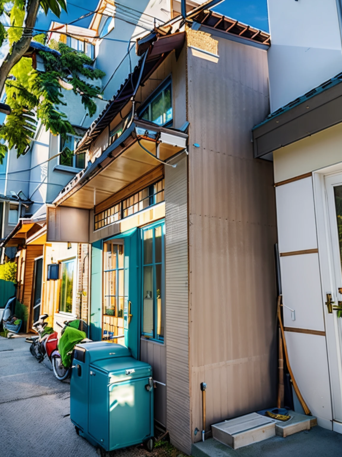 The overall picture is of a semi-detached house, in front of the house and next to the road, the sky is clear, the main materials of the house include white paint, gray-brown wood, decorative green trees, green sidewalks, in front of the house there are white car, gray sidewalks and roads, daylight, clear image quality, extremely detailed, professional camera Airy, light and comfortable feeling, Large transparent blue glass