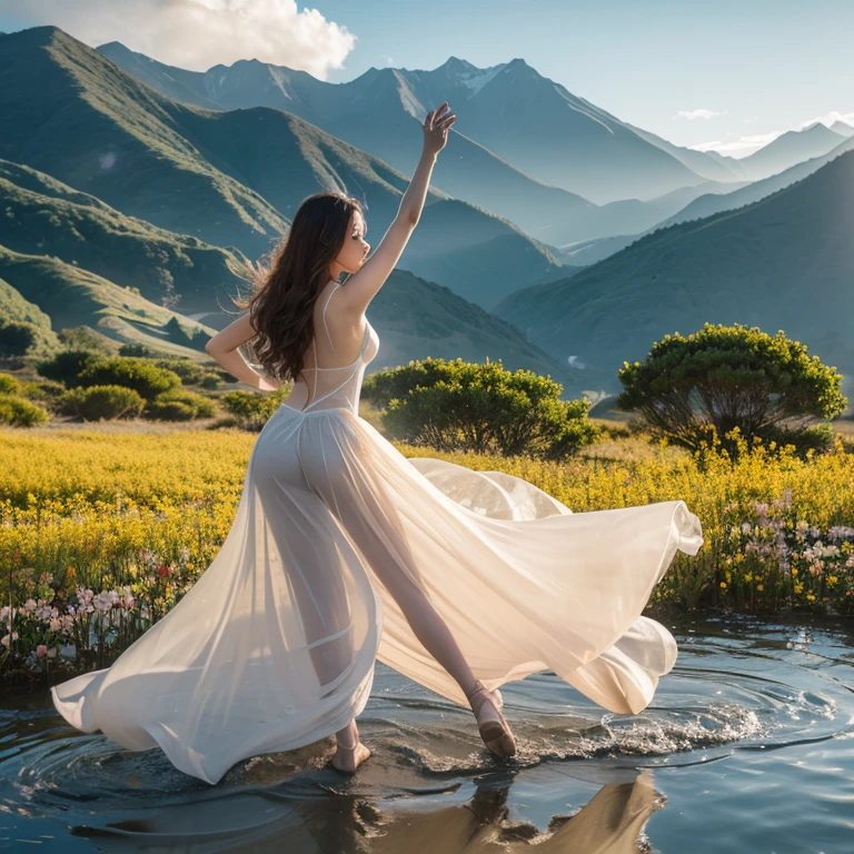 Beautiful women&#39;s thin and transparent dance costume Cup，The golden waves of the lower body。Dreamy mountains with weird clouds and waves in the background，Countless cascading lotus flowers