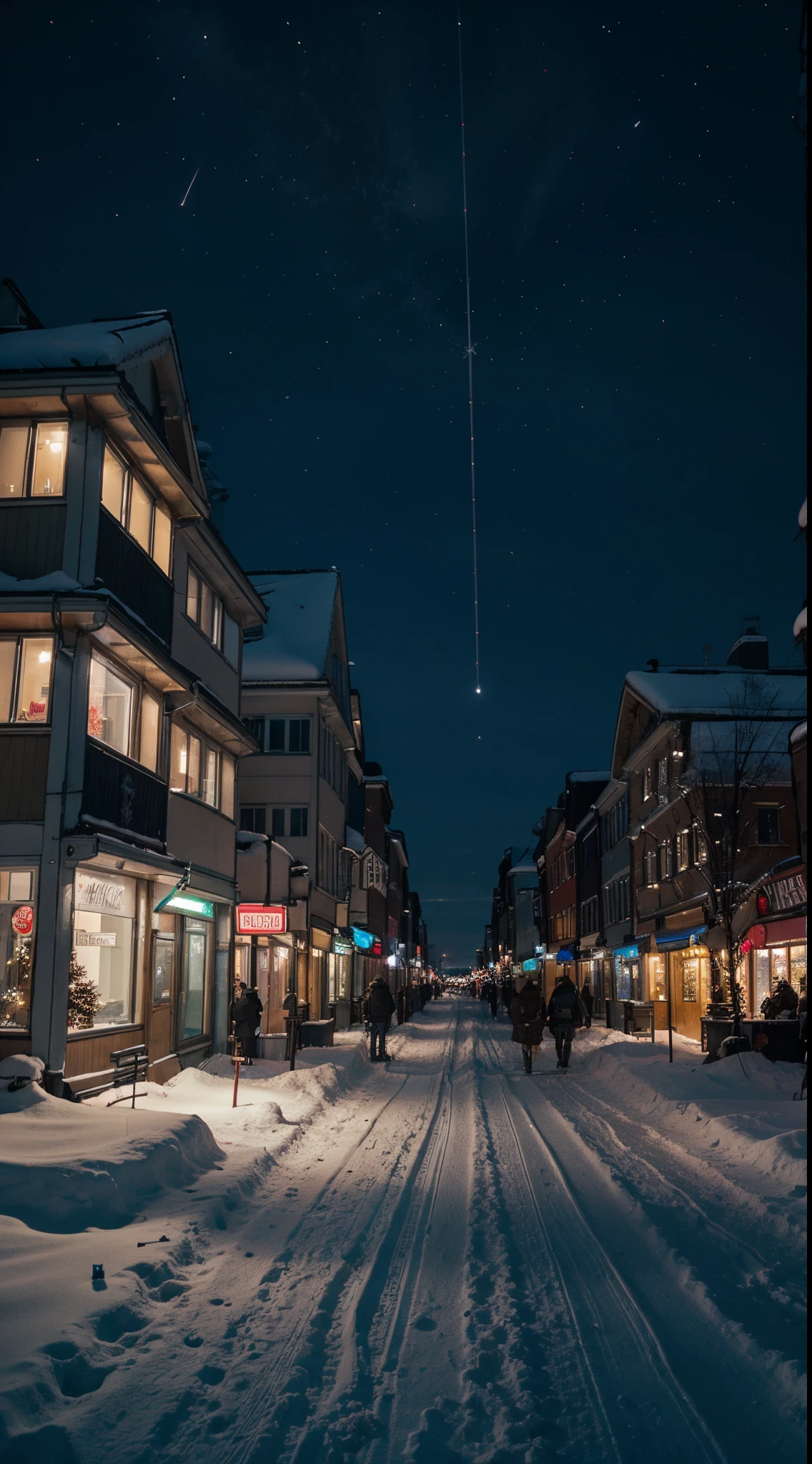 christmas in a city in finland, night, people are skying, don't show the face