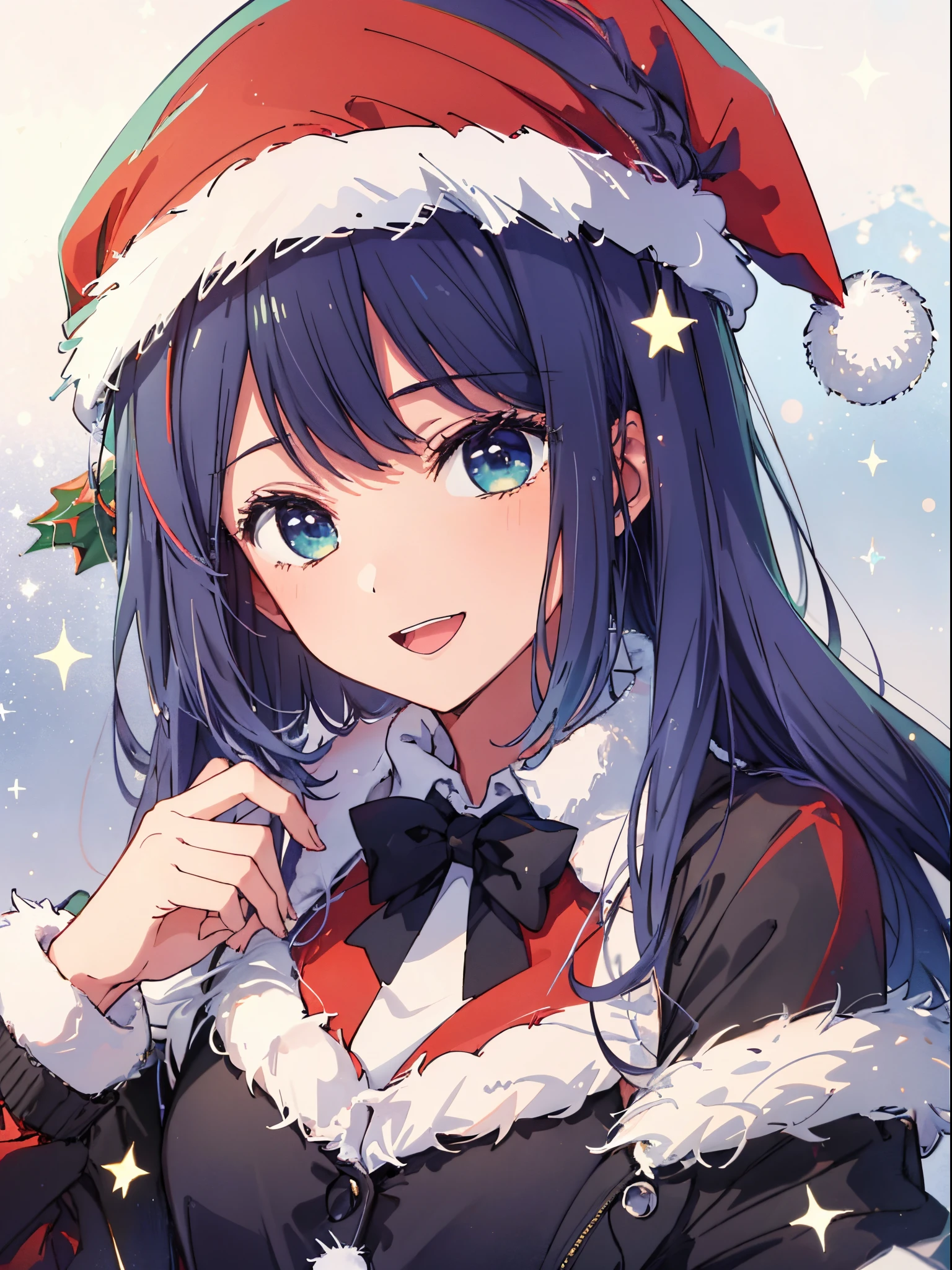 masterpiece、hightquality、8K、 1girl in, 独奏, (((anime styled)))、(((2D)))、A smile、Open your mouth、(a closeup)、(((santa))))、(((Christmas)))