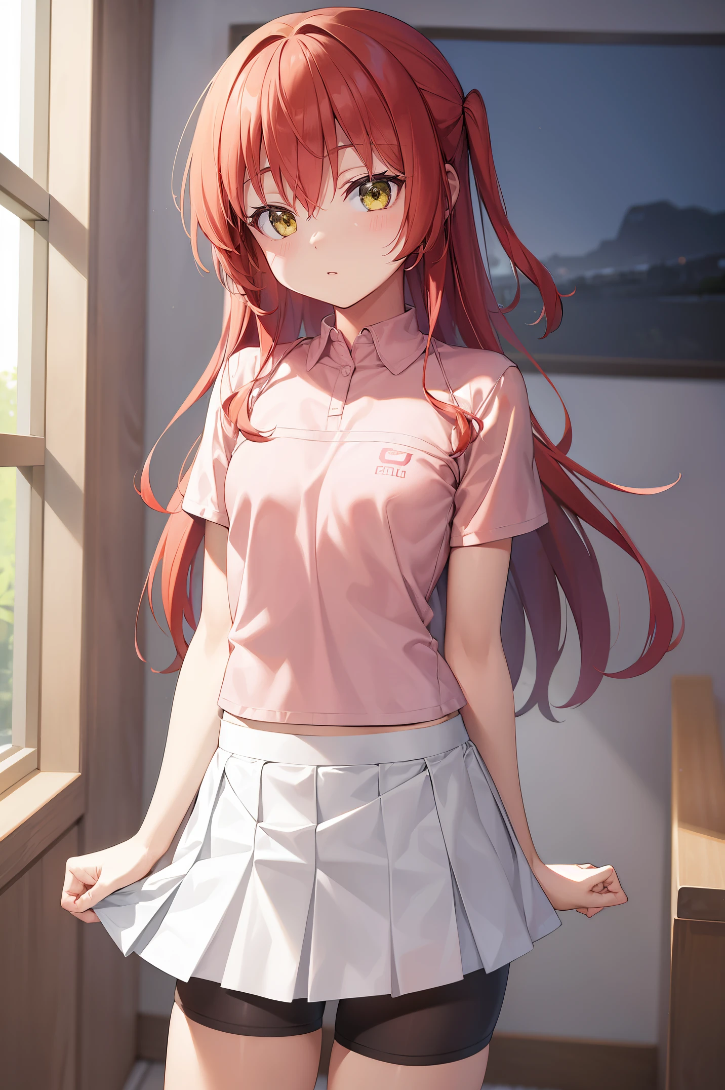 Room, 1 girl, best quality, ultra high res, long hair, red hair, yellow eyes, pink shirt, short sleeves, white skirt, pleated skirt, miniskirt, bike shorts, bike shorts under skirt, looking at viewers, small breast, standing, pov, slim body, li body, small body