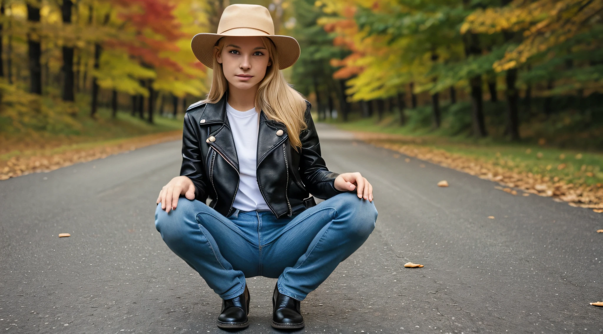 BLONDE CHILD GIRL with LEATHER hats and jackets,