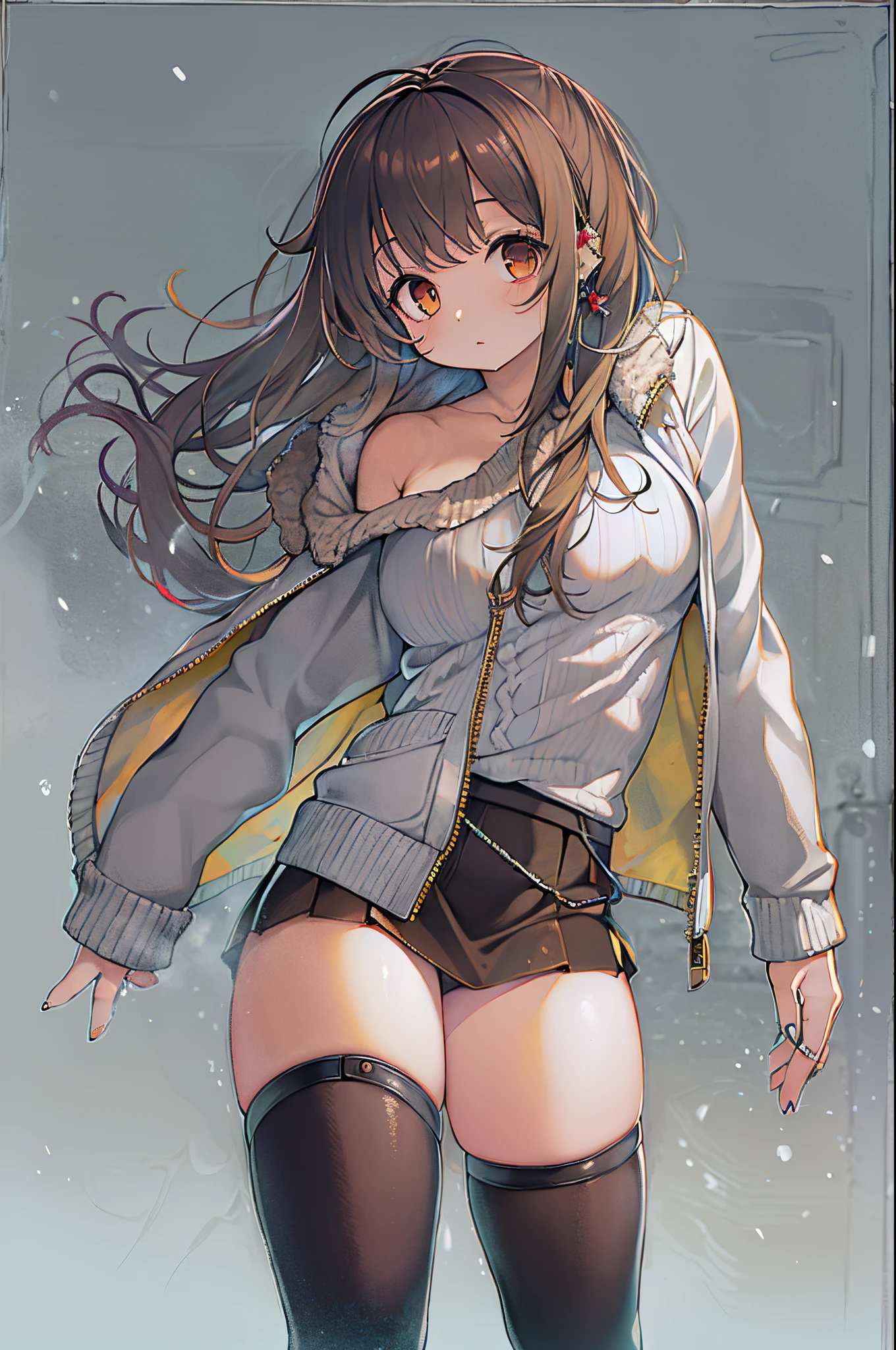 Lorua,, , 1girl in, Ahoge, Bangs, Black skirt, Black sweater, Blue Nails, Blurry, Blurry background, breasts, Brown eyes, Brown hair, Brown jacket, Closed mouth, fixed, day, depth of fields, earrings, Eyelashes, Hand up, Head tilt, Jacket, Jewelry, Long hair, Long sleeves, Looking at Viewer, medium breasts, nail polish, Open your clothes, Open jacket, Outdoors, puckered lips, shirt tucked in, side locks, Skirt, sleeves past wrists, Solo, Sweaters, Upper body, zippers)), ,