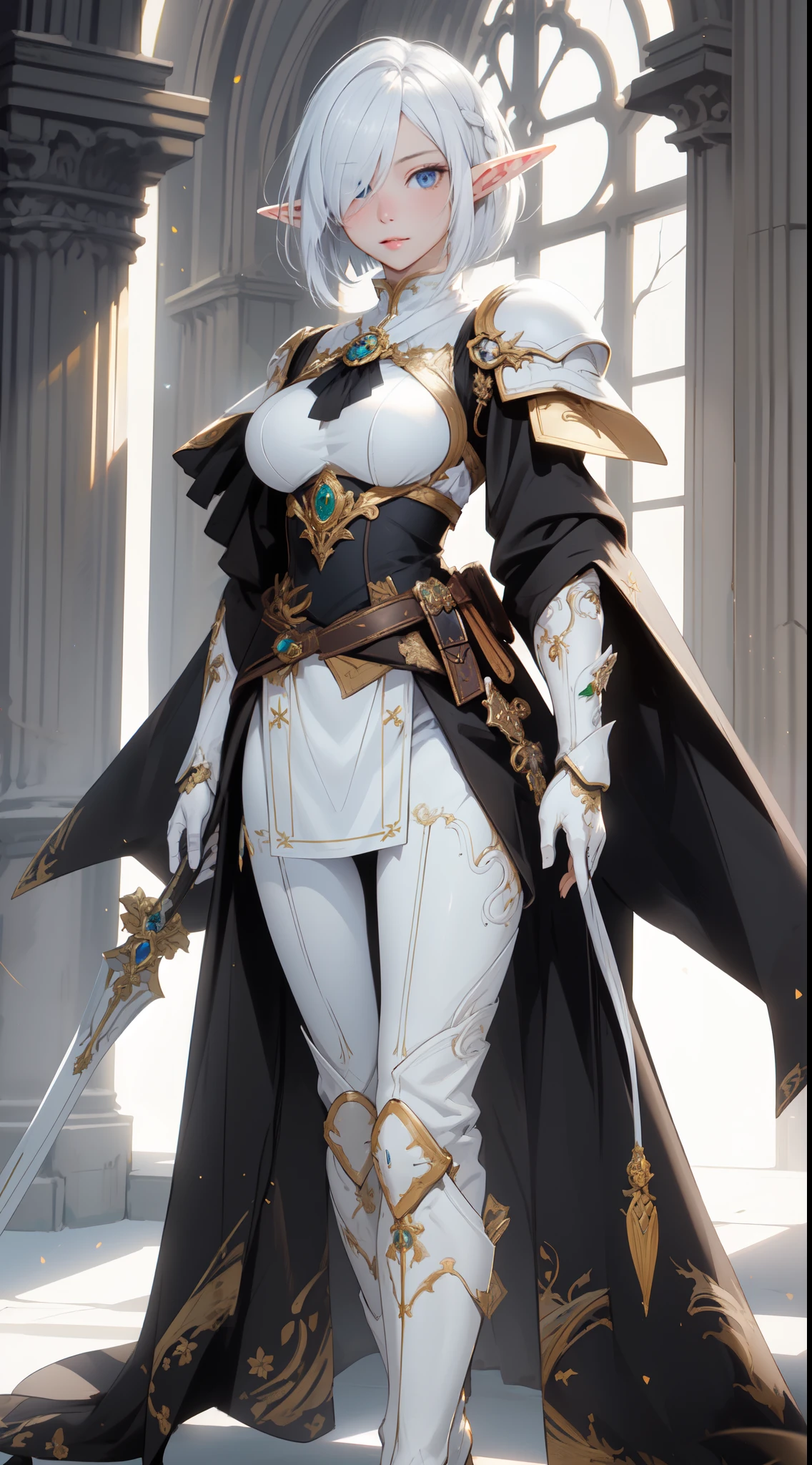 (((masterpiece, best quality))),  (elf), (1girl), solo,  Bob cut hair, parted bangs, (hair over one eye), white hair，(beautiful detailed face:1.2), ((white light armor))，big breast,  long black glovelack pantyhoses，Handsome standing with white boots, art style by Artgerm, by Kawacy, By Yusuke Murata